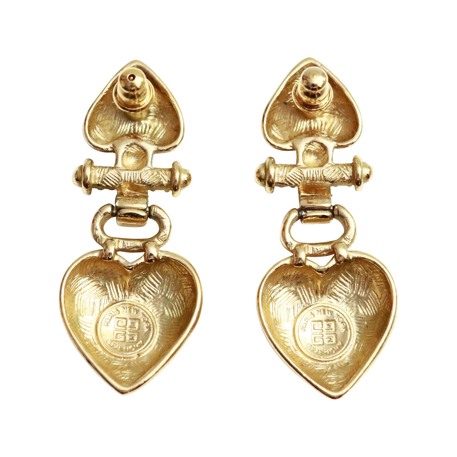 Artist Vintage Givenchy Gold Tone Drop Heart Earrings Circa 1990s For Sale