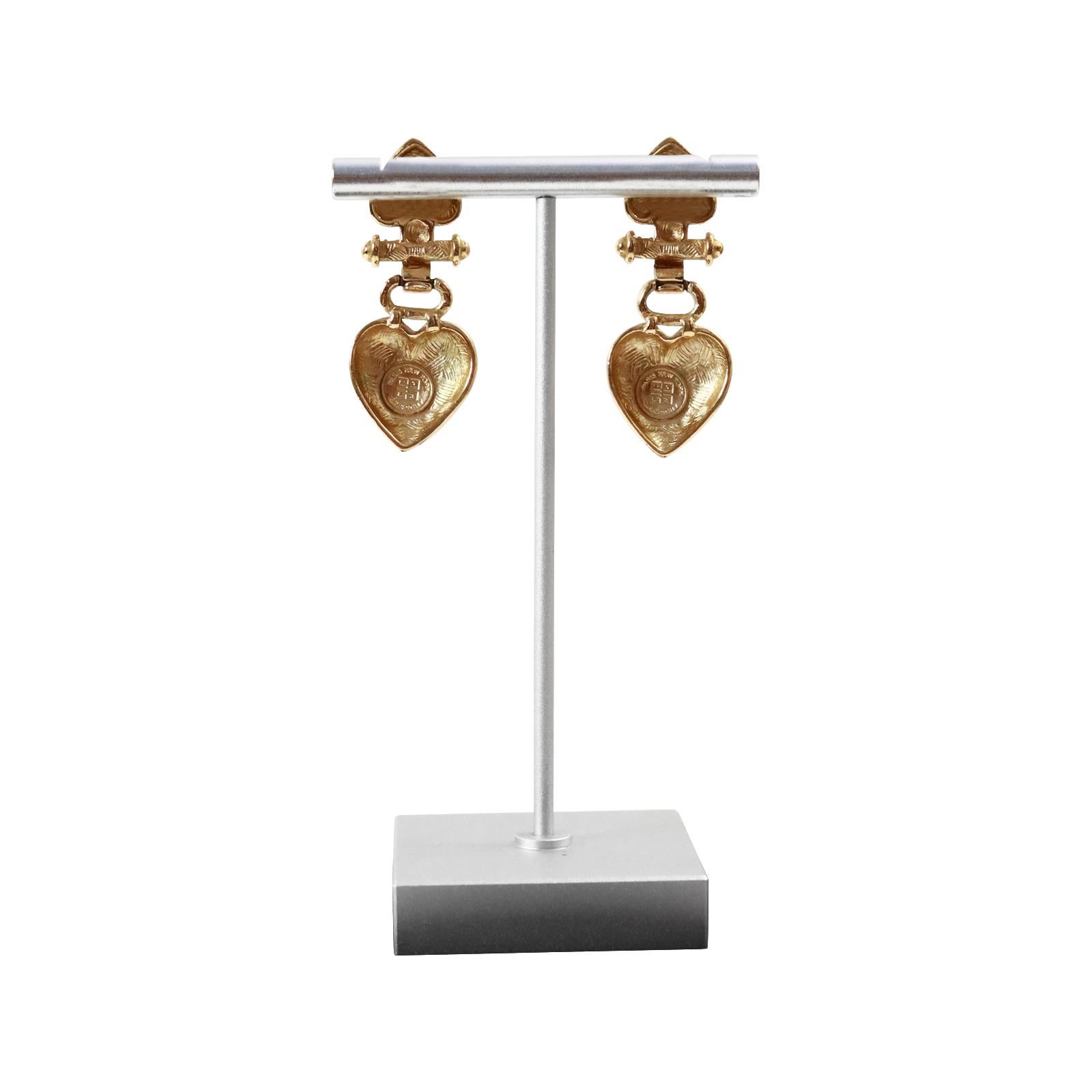 Vintage Givenchy Gold Tone Drop Heart Earrings Circa 1990s For Sale 1