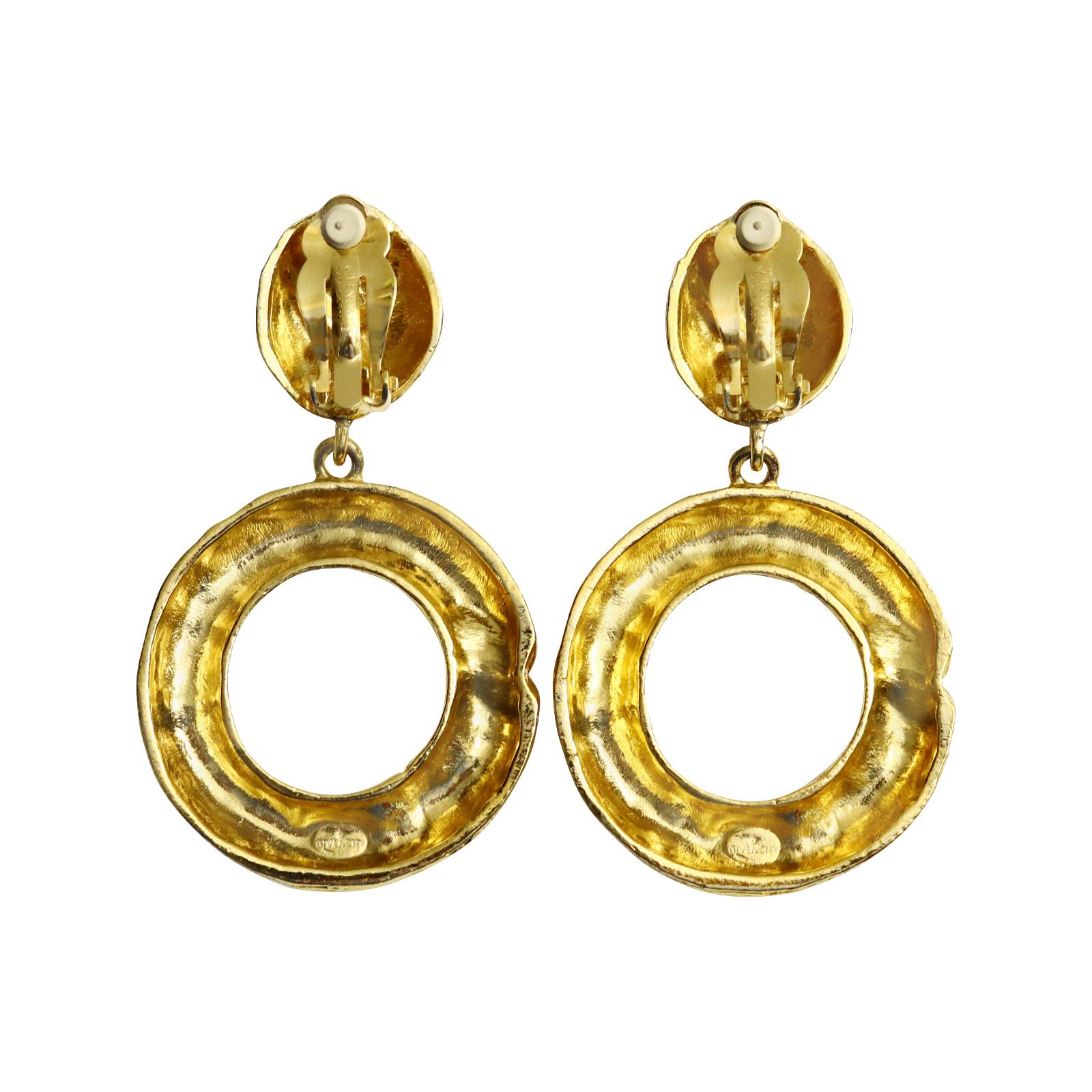 Vintage Givenchy Gold Tone Textured  Dangling Hoop Earrings Circa 1990s 2
