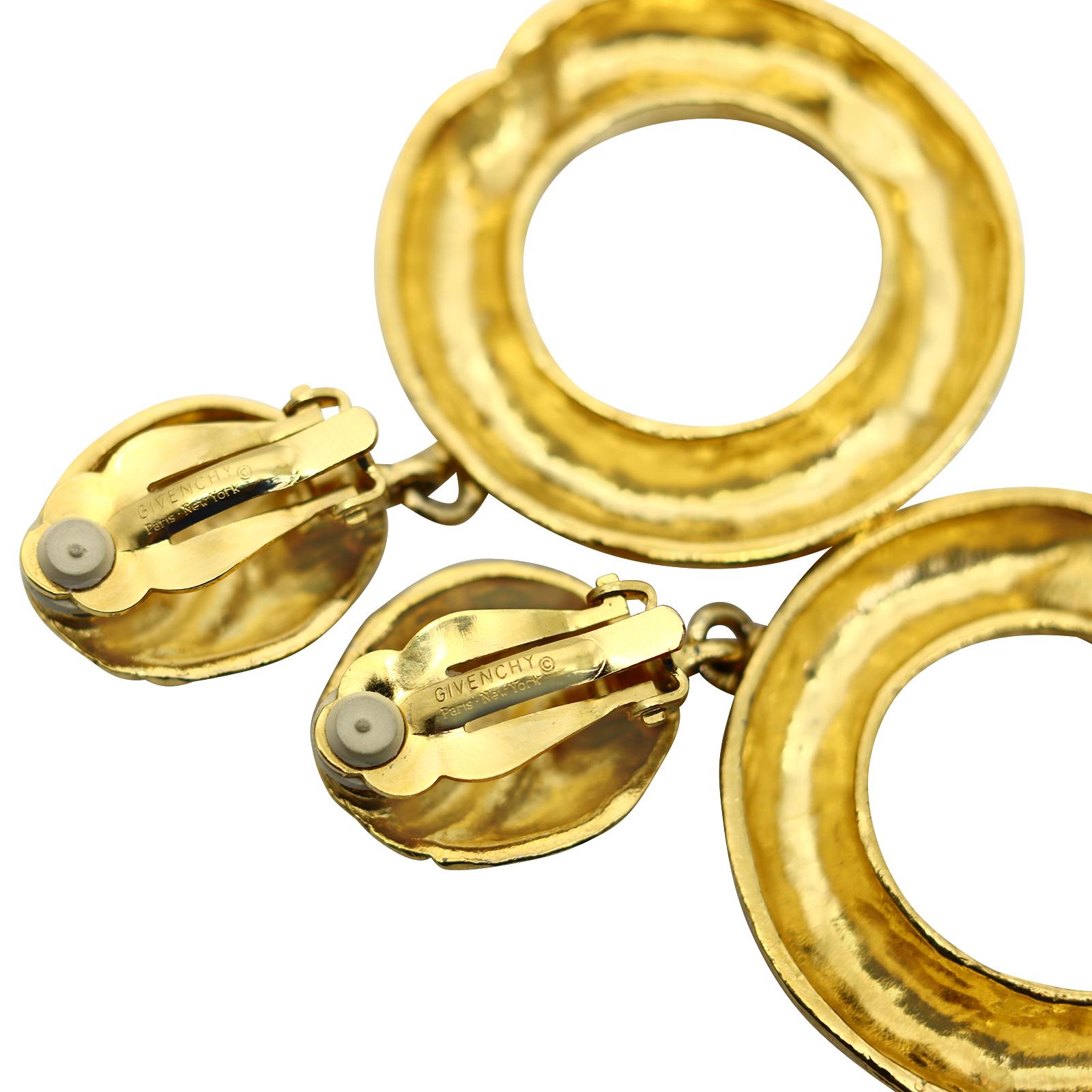 Vintage Givenchy Gold Tone Textured  Dangling Hoop Earrings Circa 1990s 3