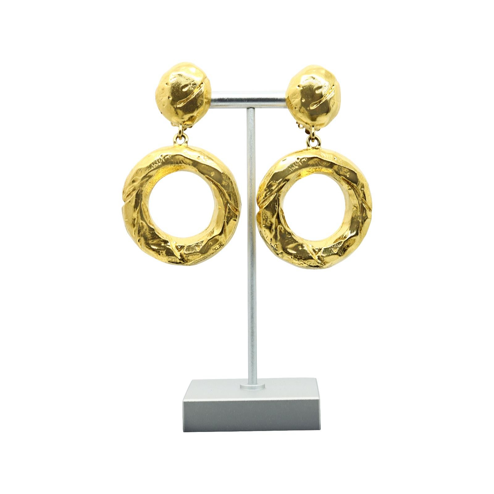 Vintage Givenchy Gold Tone Textured  Dangling Hoop Earrings Circa 1990s In Good Condition In New York, NY