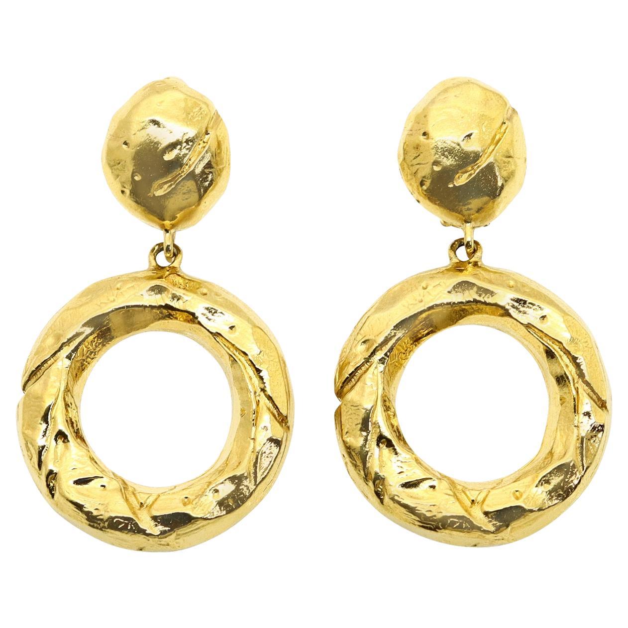 Vintage Givenchy Gold Tone Textured  Dangling Hoop Earrings Circa 1990s