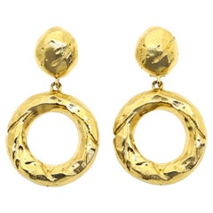 Vintage Givenchy Gold Tone Textured  Dangling Hoop Earrings Circa 1980s
