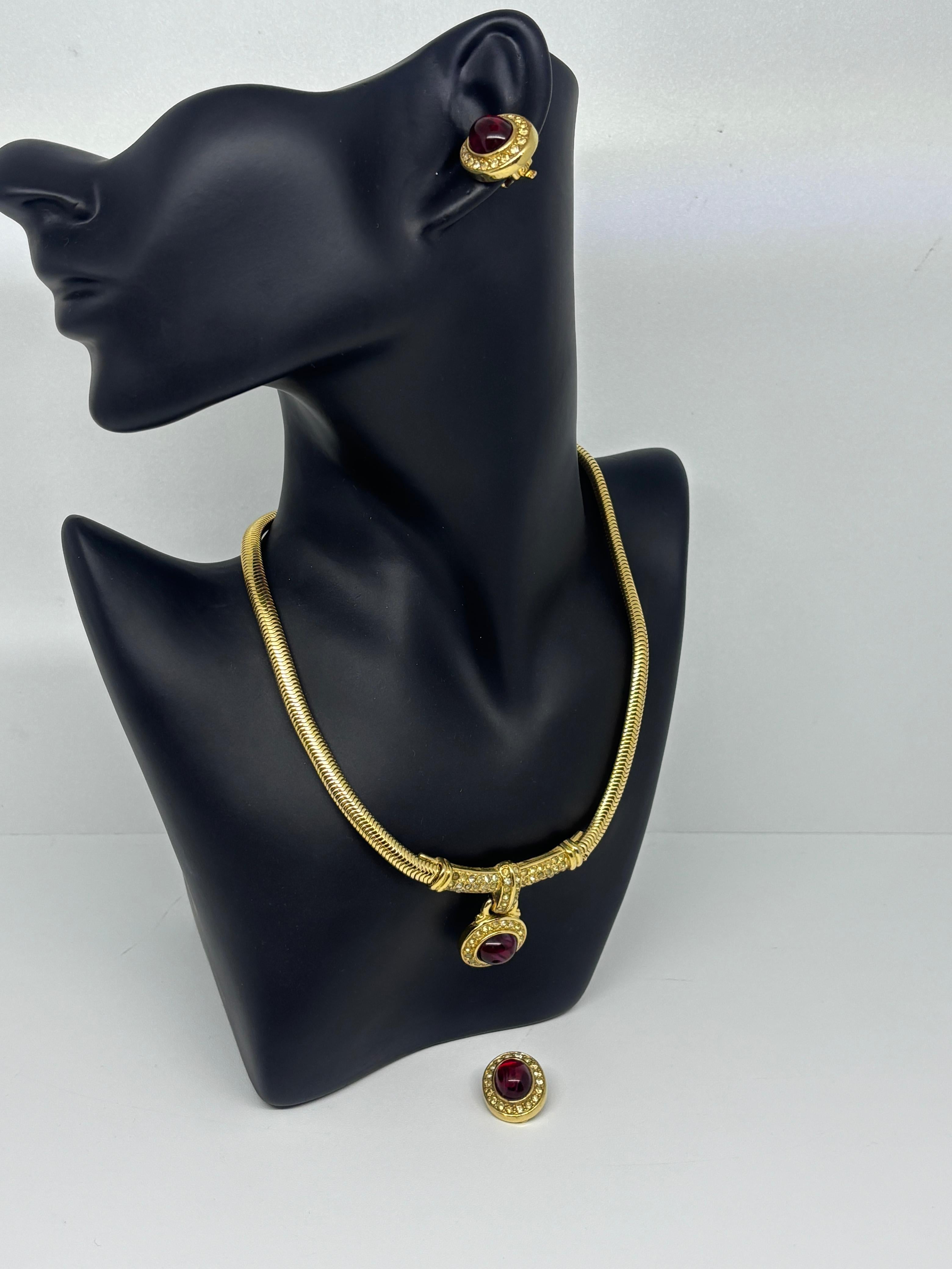 Vintage Givenchy Gold with Red Stone Necklace and Earrings Set 10