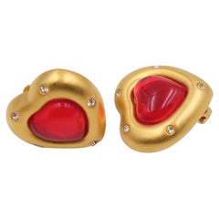 Vintage Givenchy Hearts Clip-on Earrings With Rhinestones And Glass 1990's