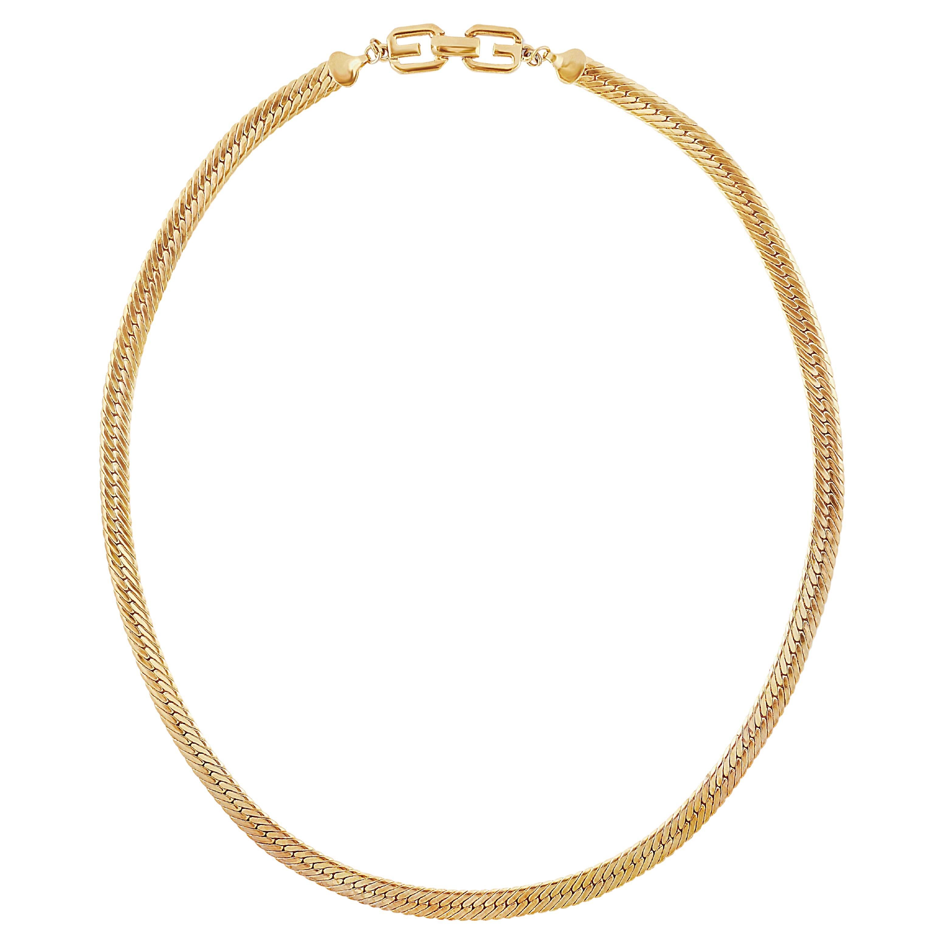 Vintage Givenchy Long Herringbone Chain Necklace with Logo Clasp, 1980s For Sale