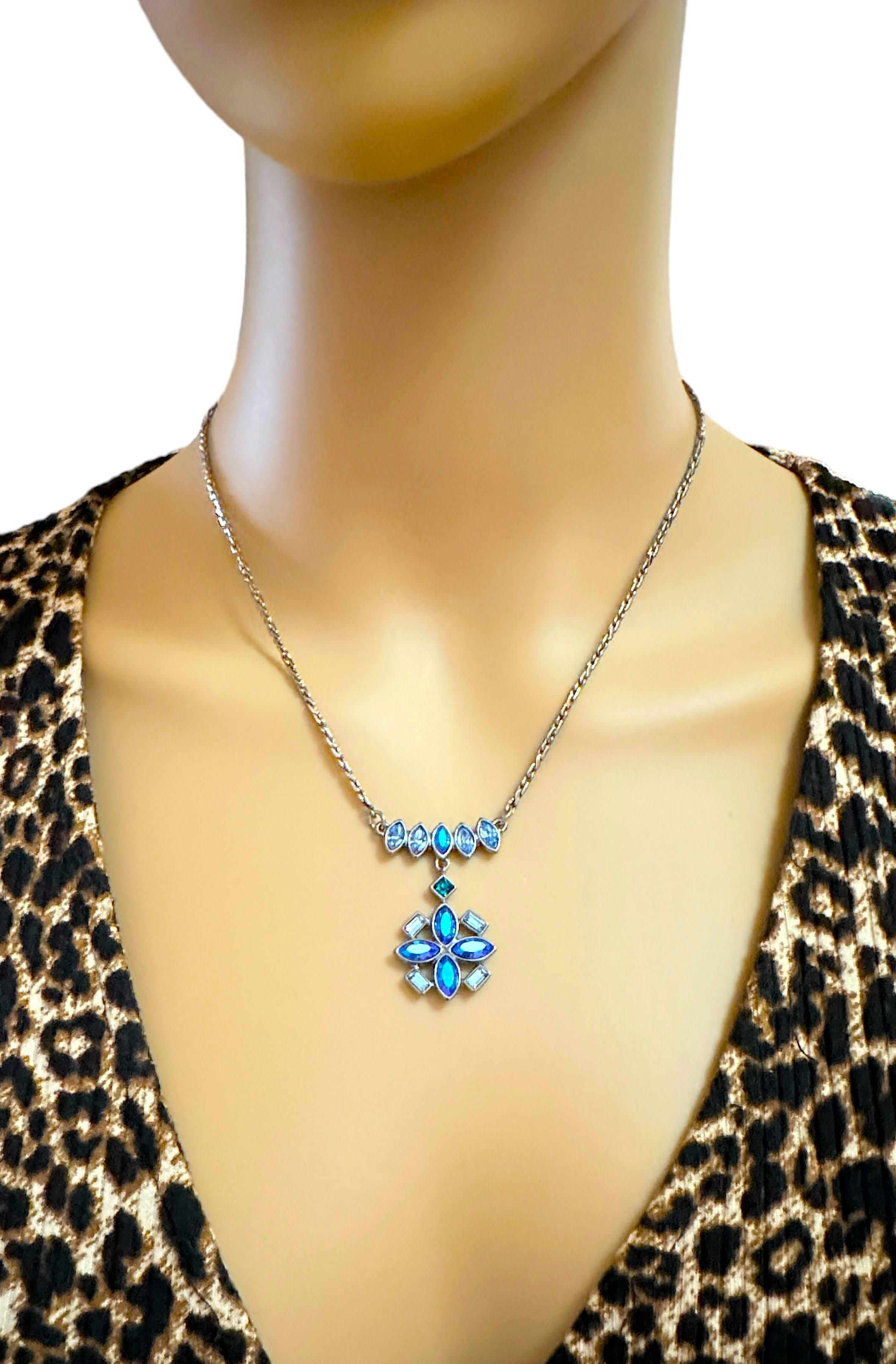 Vintage Givenchy Multi-Color Blue Stone Necklace with Gun Metal Chain Mint In Excellent Condition For Sale In Eagan, MN
