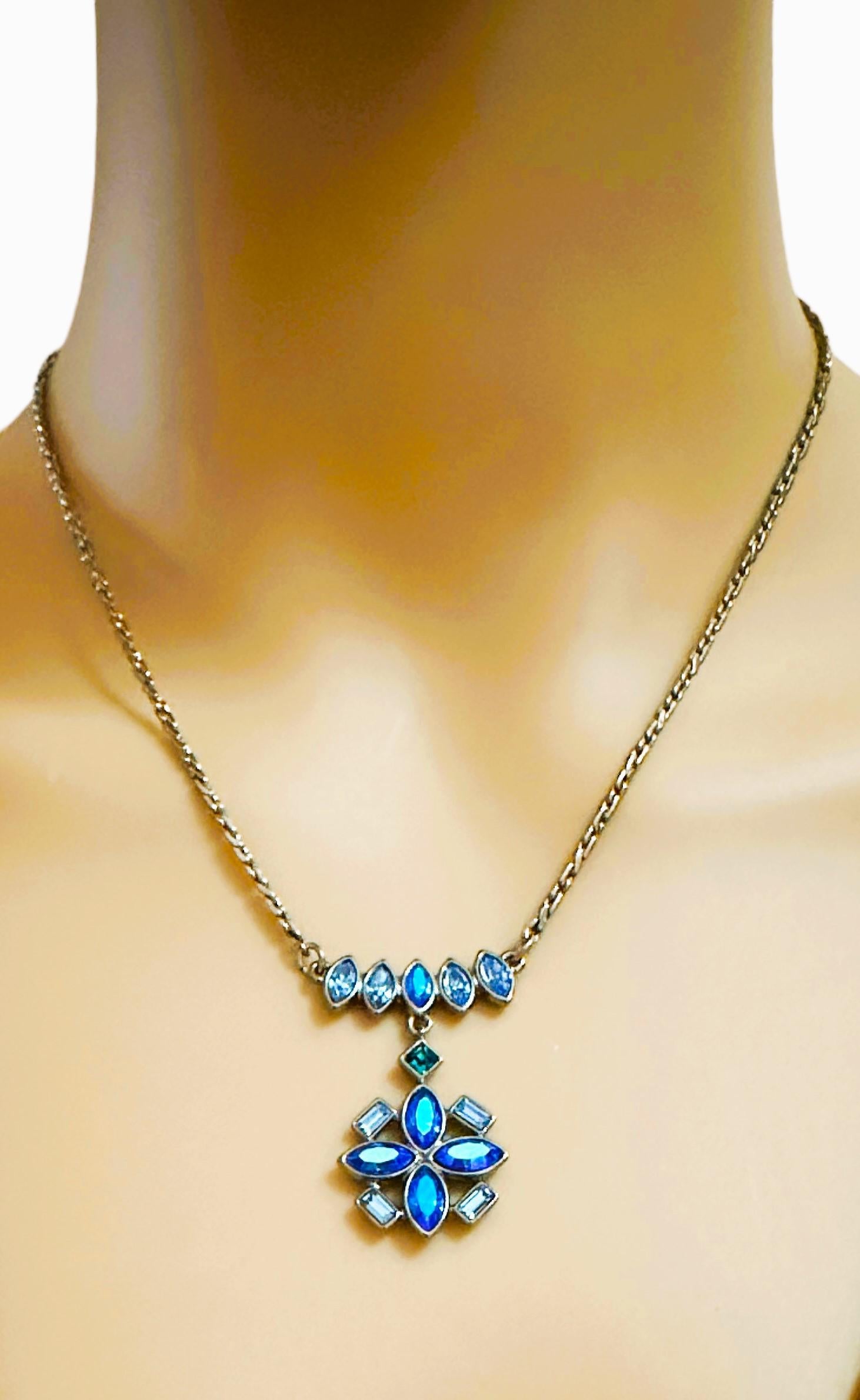 Women's Vintage Givenchy Multi-Color Blue Stone Necklace with Gun Metal Chain Mint For Sale