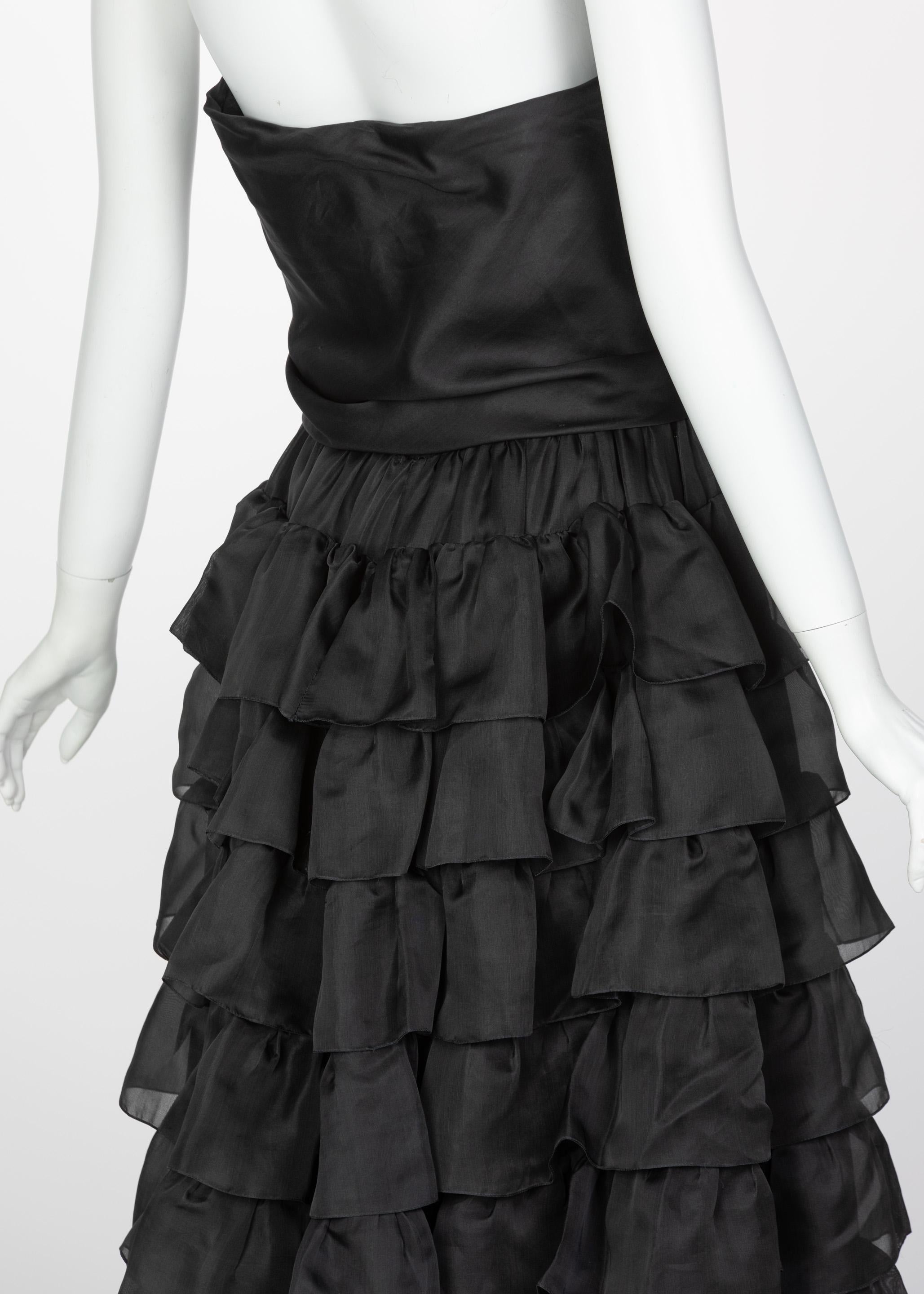 Vintage Givenchy Numbered Haute Couture Black Strapless Ruffled Gown, 1970s 9