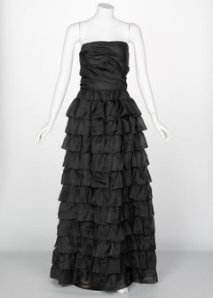 Vintage Givenchy Numbered Haute Couture Black Strapless Ruffled Gown, 1970s