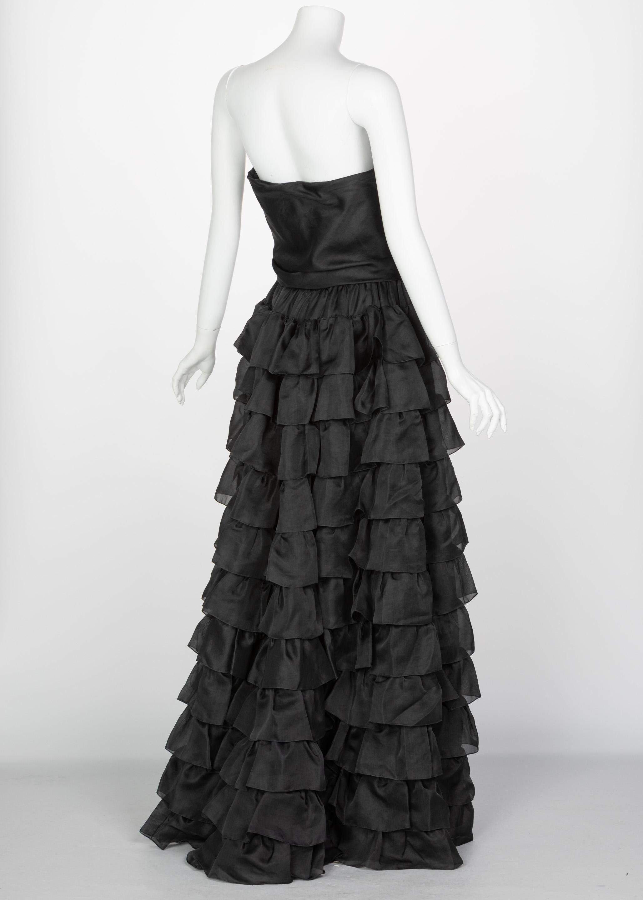Women's Vintage Givenchy Numbered Haute Couture Black Strapless Ruffled Gown, 1970s