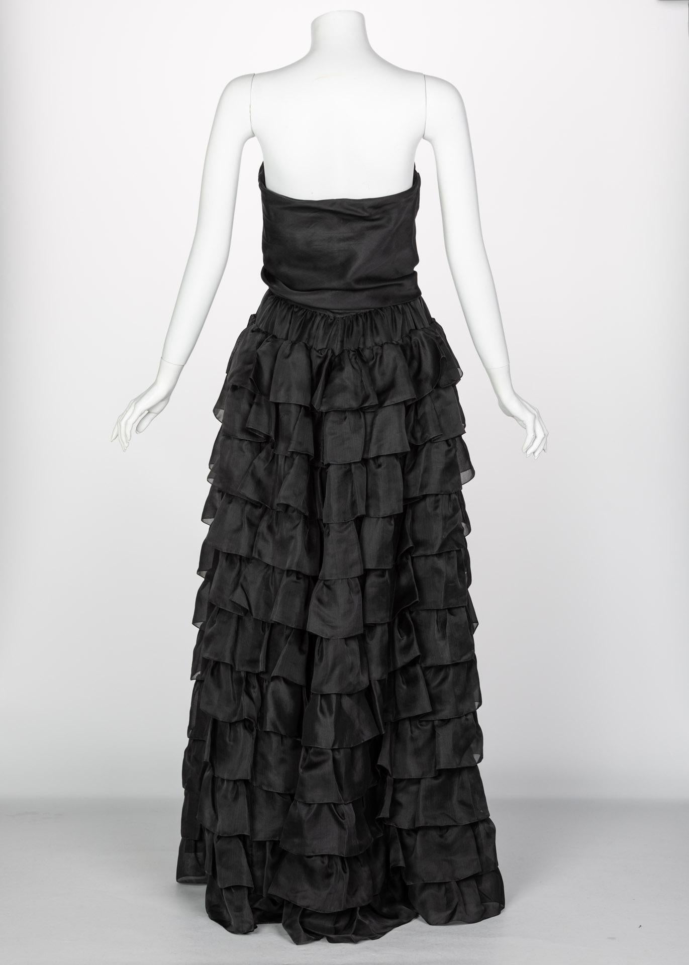 Vintage Givenchy Numbered Haute Couture Black Strapless Ruffled Gown, 1970s 1