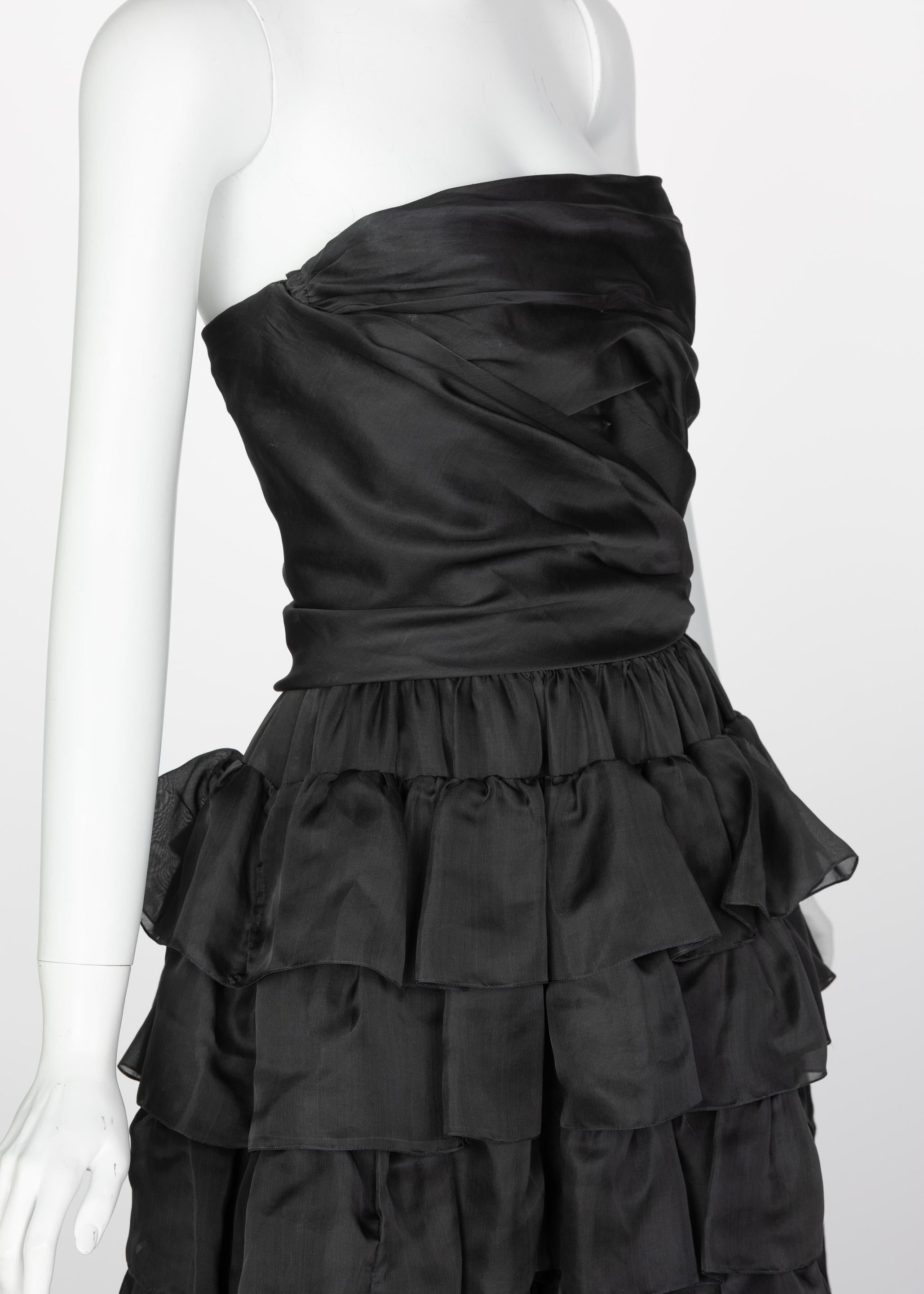 Vintage Givenchy Numbered Haute Couture Black Strapless Ruffled Gown, 1970s 3