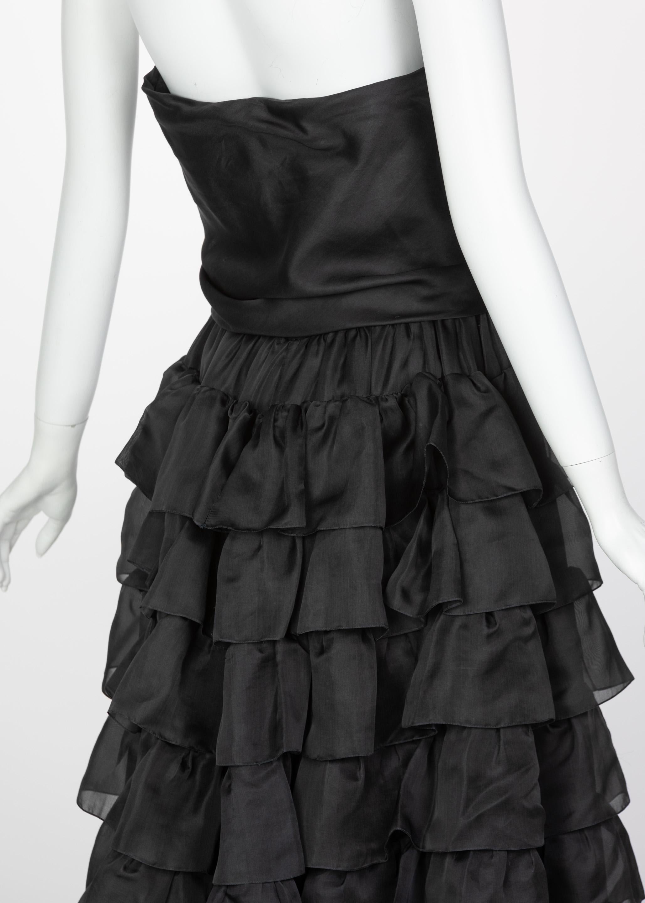 Vintage Givenchy Numbered Haute Couture Black Strapless Ruffled Gown, 1970s 4