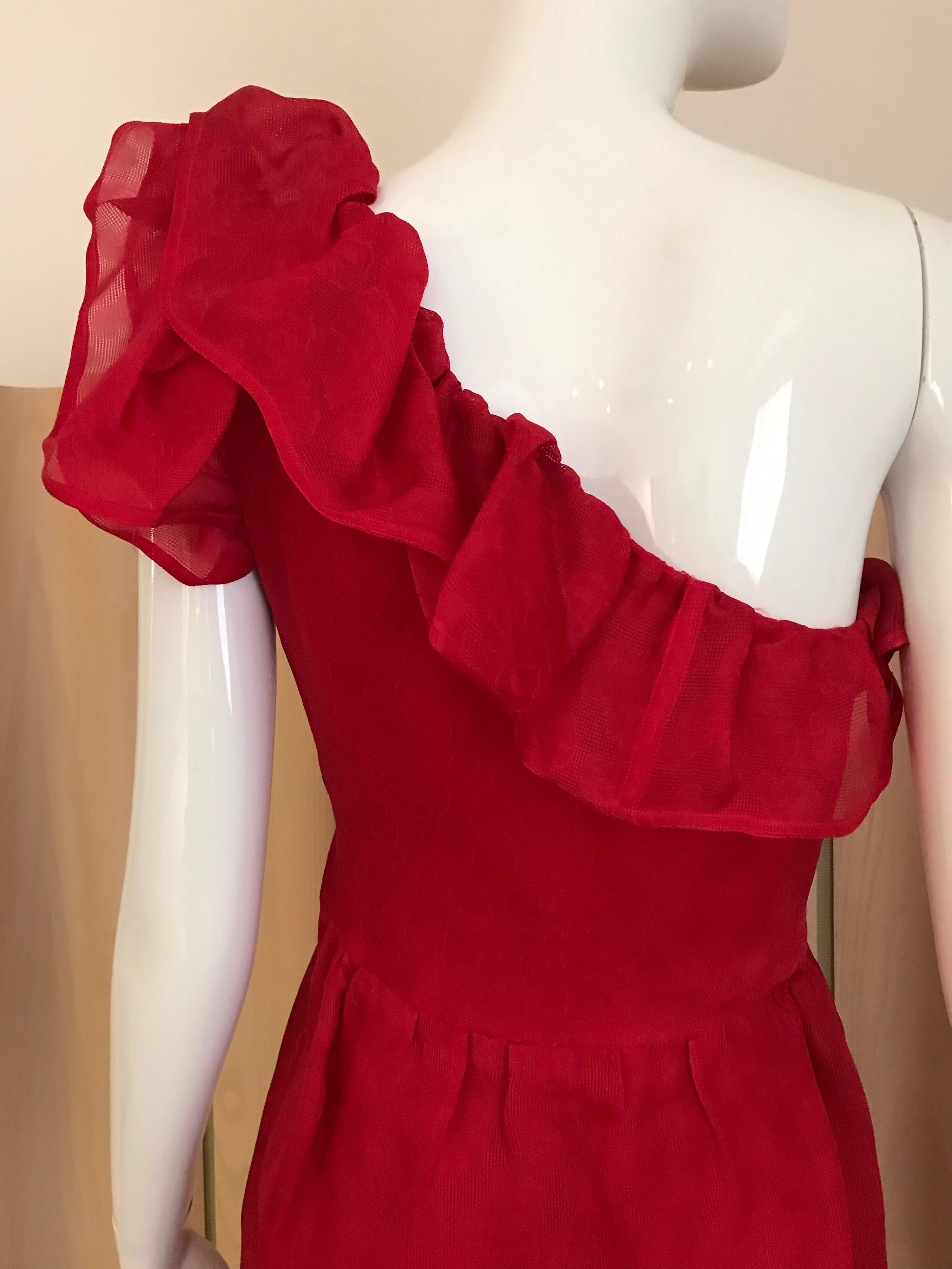 Vintage  Red Givenchy One Shoulder Ruffle Silk Cocktail Dress For Sale 3