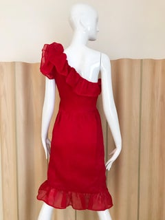 Vintage  Red Givenchy One Shoulder Ruffle Silk Cocktail Dress