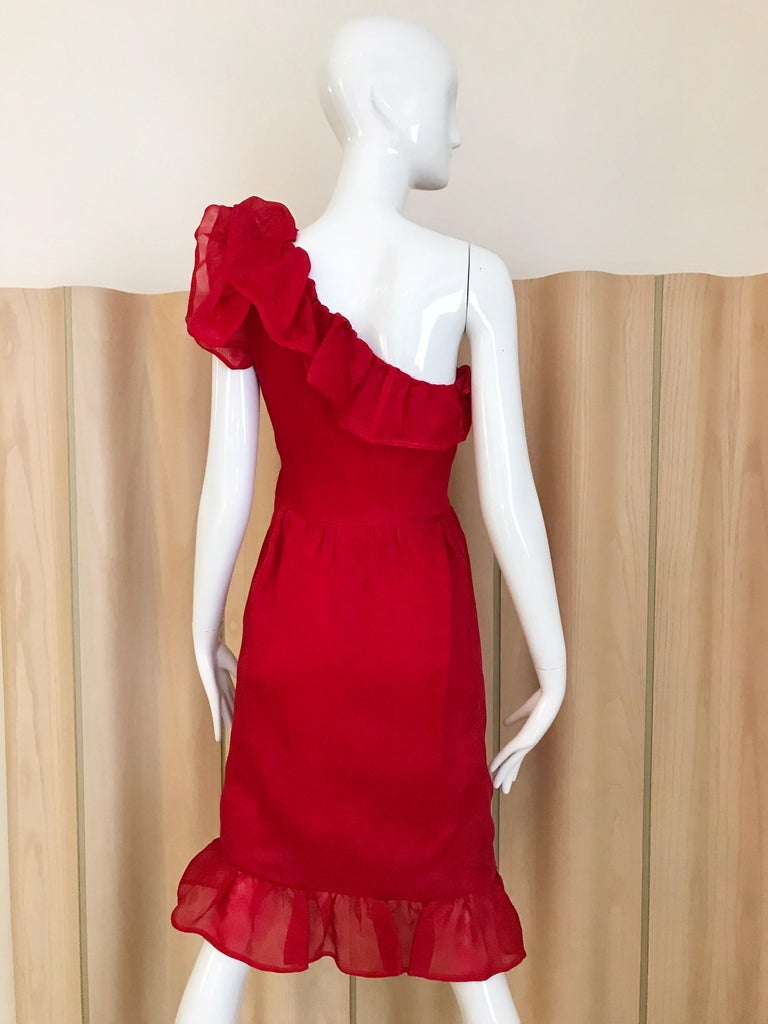 Vintage Red Givenchy One Shoulder Ruffle Silk Cocktail Dress For
