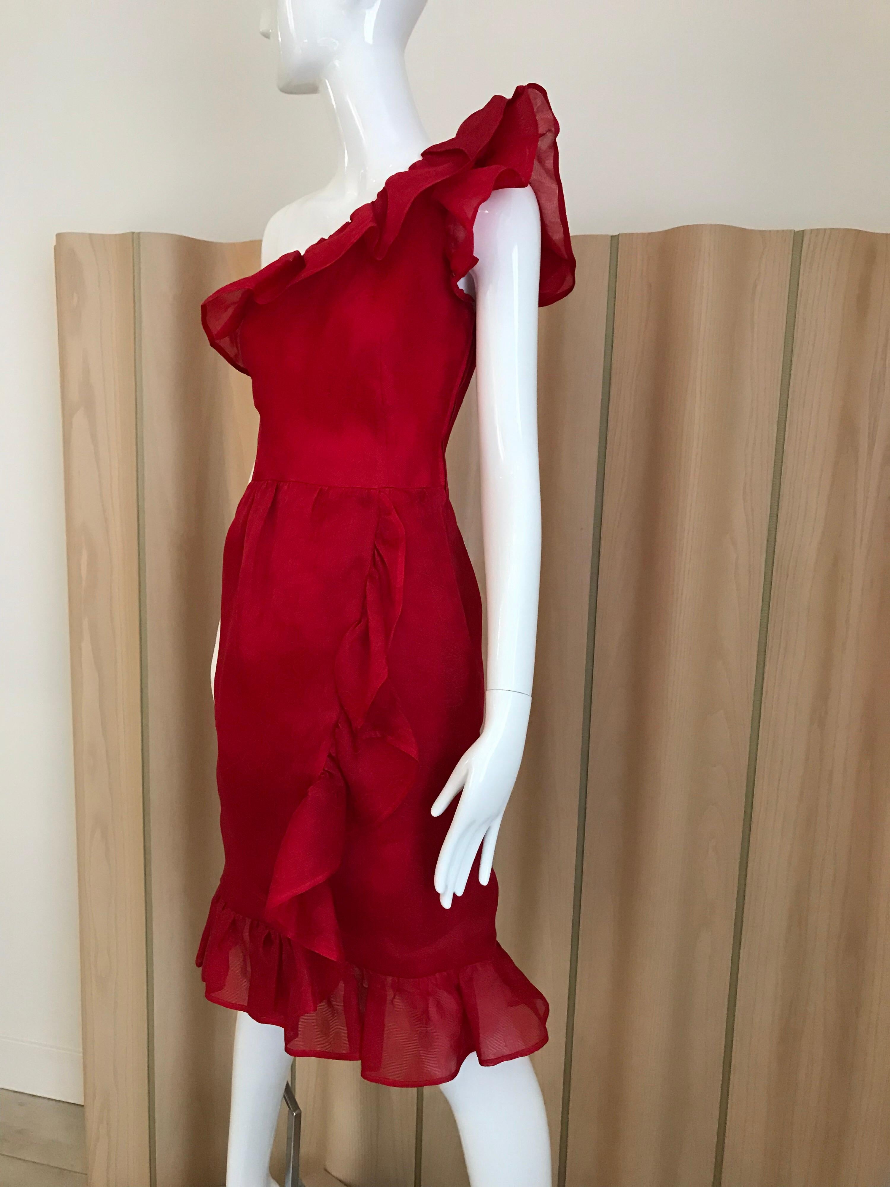 Vintage Red Givenchy One Shoulder Ruffle Silk Cocktail Dress