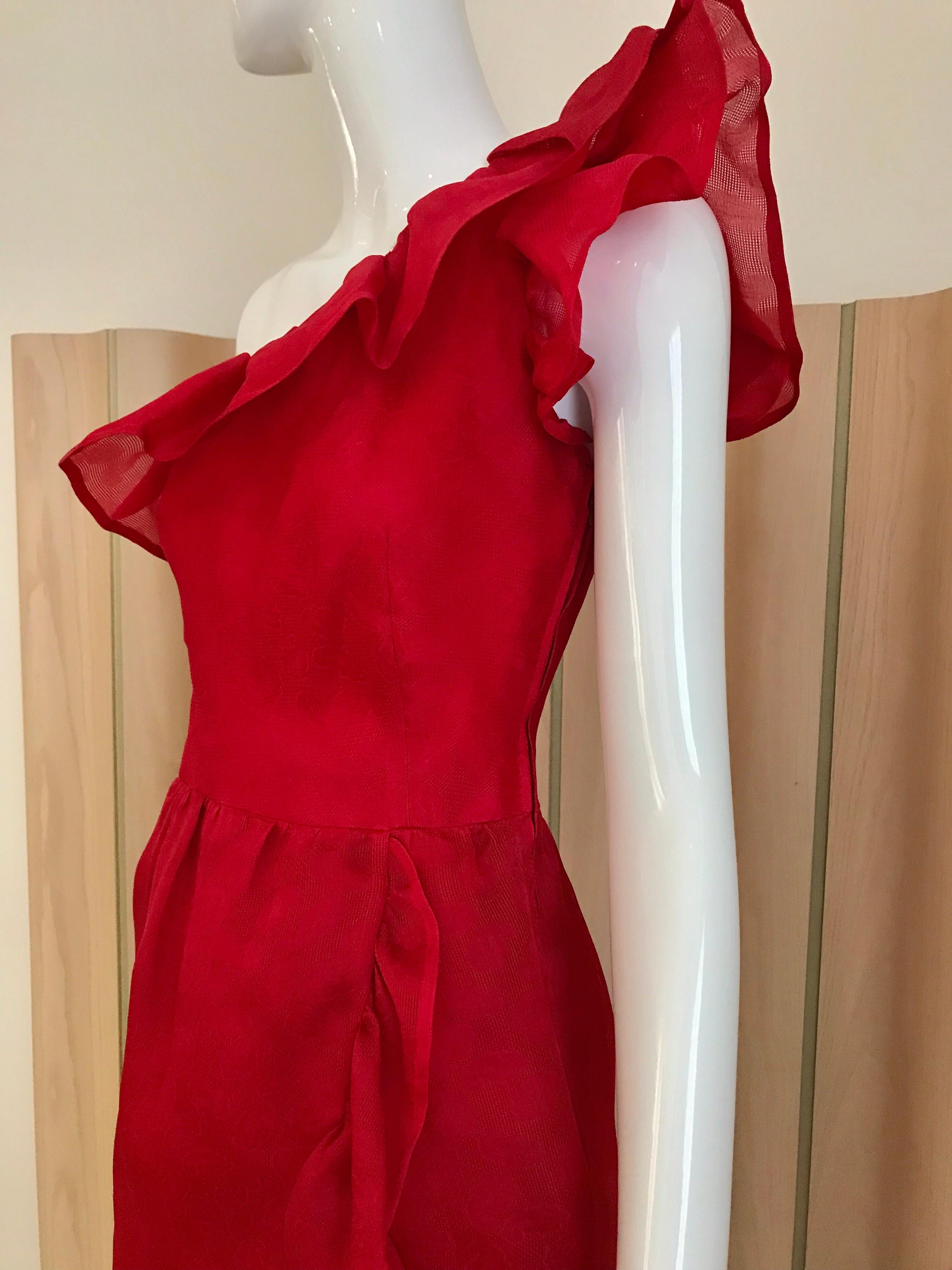 Vintage  Red Givenchy One Shoulder Ruffle Silk Cocktail Dress For Sale 2
