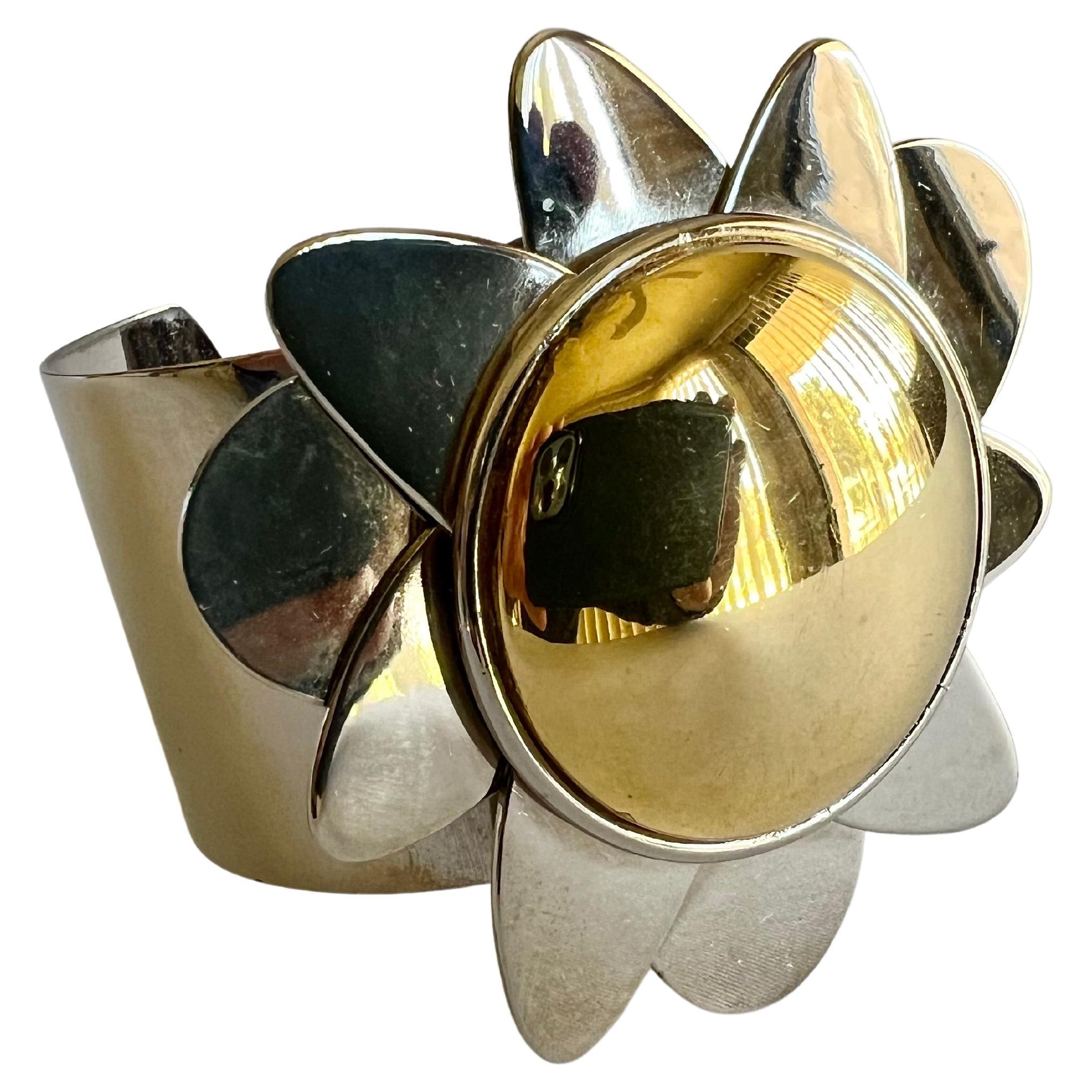 Vintage Givenchy Paris Mixed Metal Mod Flower Cuff Bracelet 