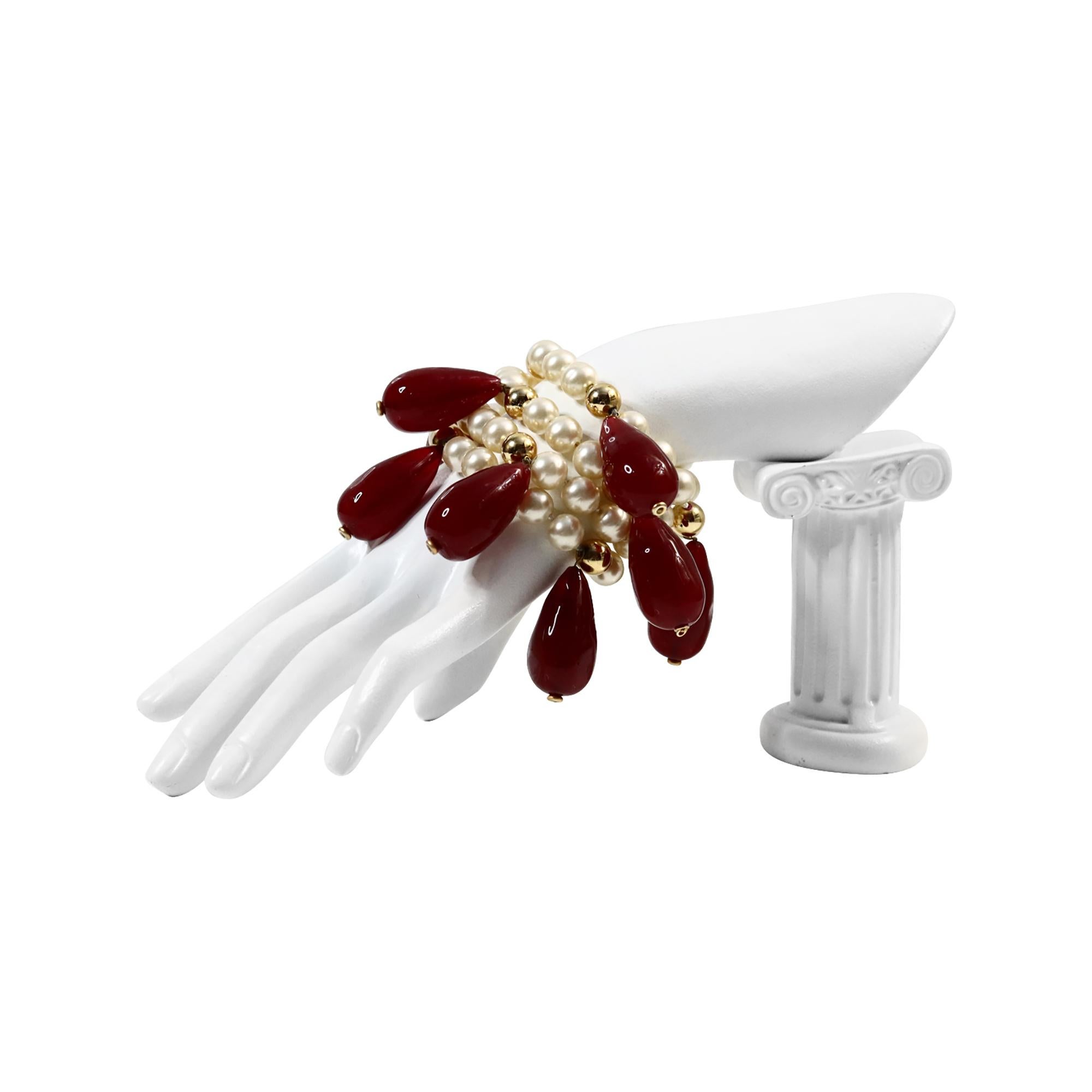 Vintage Givenchy  Pearl and Dangling Pear Drop Gripoix Circa 1980s. Vintage Givenchy Runway Show Sample Piece.  Created for the Defile only.  Gorgeous and heavy.  Couture Piece so Unsigned. Fits a Very Small Wrist. This is truly a magnificent piece.