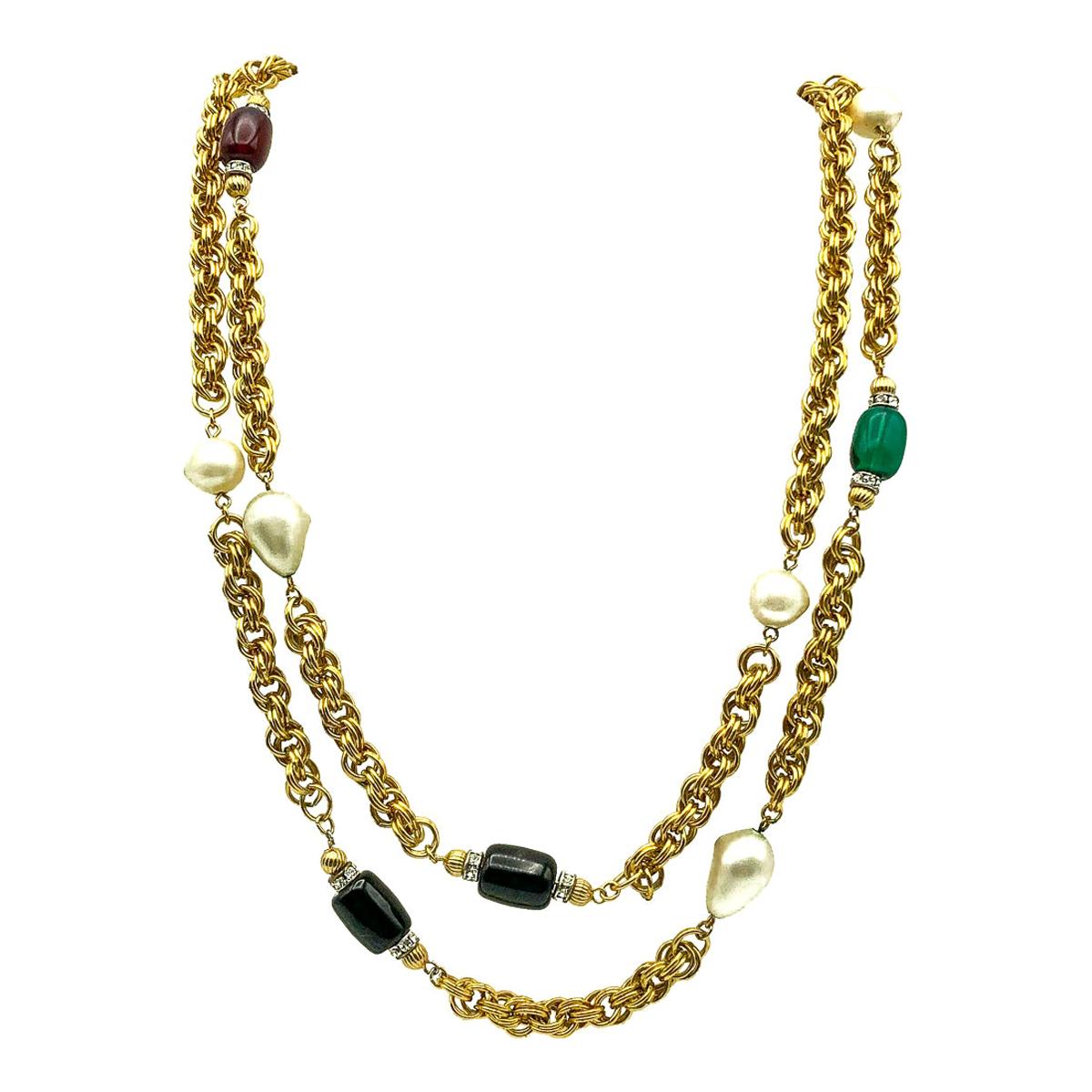 Vintage Givenchy Poured Glass Pate De Verre Gems & Pearls Sautoir Chain Necklace For Sale