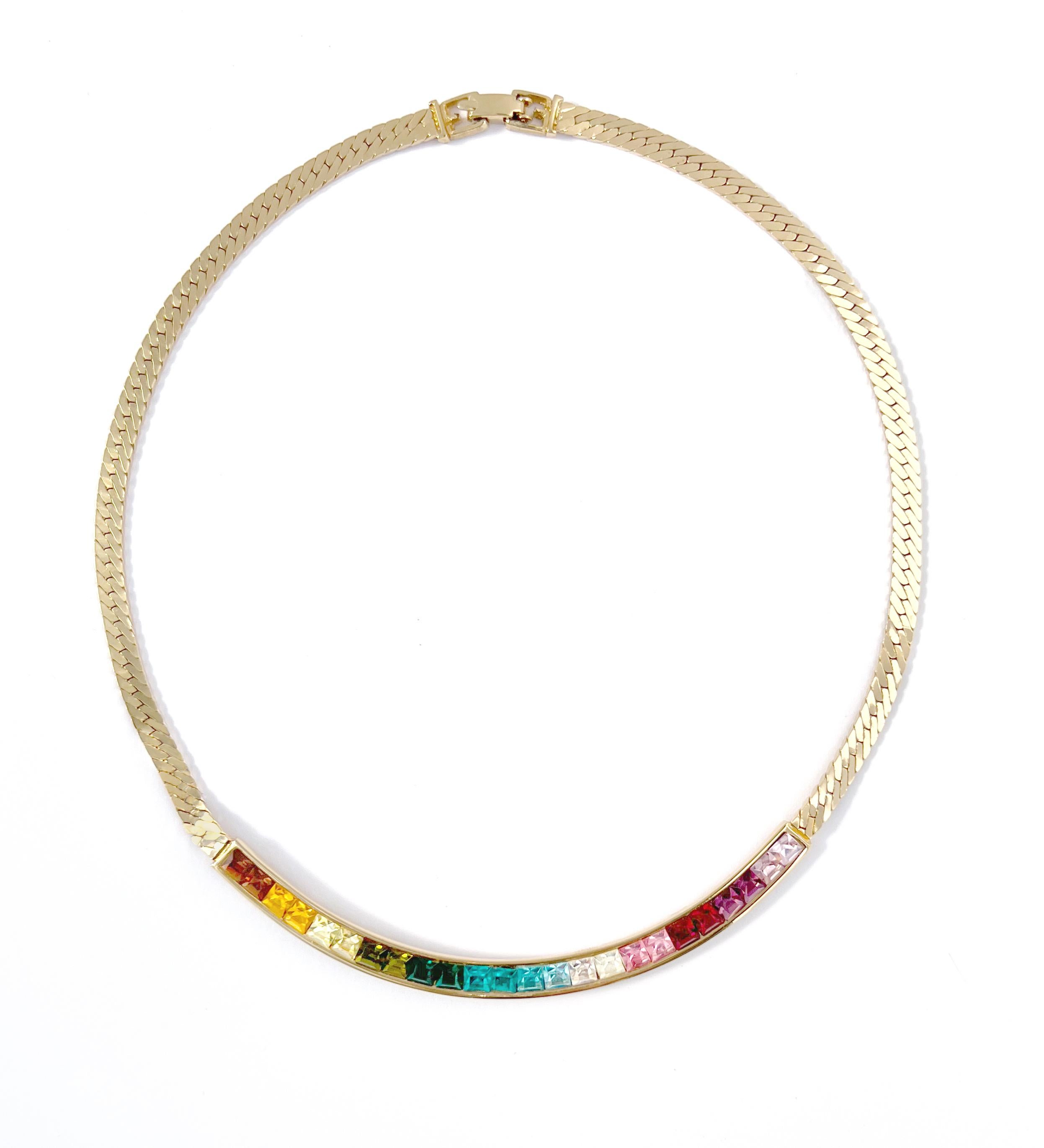 Princess Cut Vintage Givenchy Rainbow Ombre Crystal Herringbone Chain Necklace, 1990s