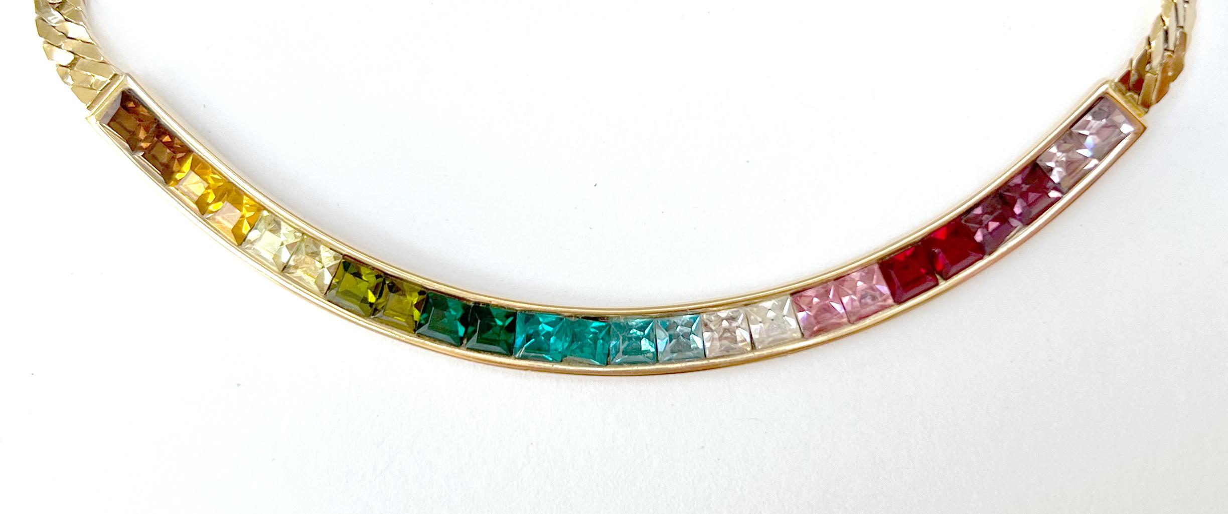 Vintage Givenchy Rainbow Ombre Crystal Herringbone Chain Necklace, 1990s In Good Condition In London, GB