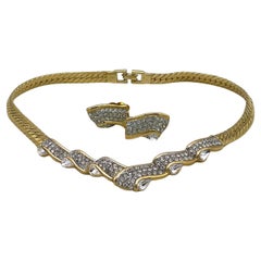 Vintage Givenchy Rhinestone on Gold-tone Necklace and Clip-on Earrings Set