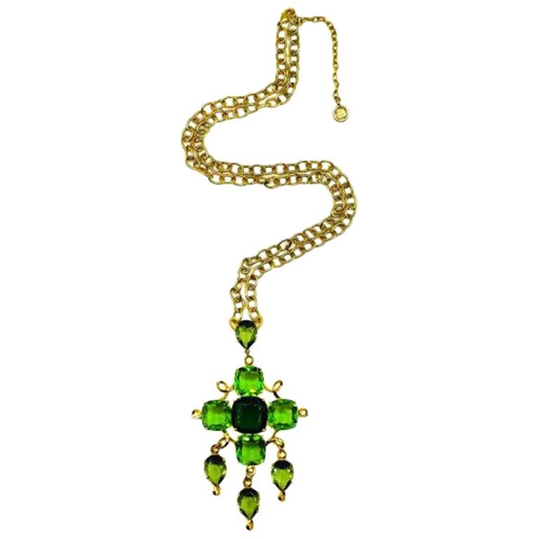 Vintage Givenchy Runway Gold & Fancy Cut Vivid Green Crystal Cascade Necklace For Sale