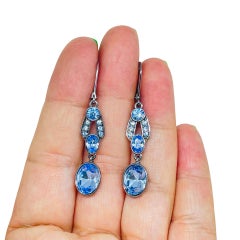 Vintage GIVENCHY signed rhodium blue glass designer dangle earrings