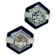 Vintage GIVENCHY silver enamel rhinestone designer runway clip on earrings