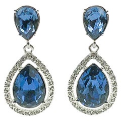 Vintage Givenchy Silver & Sapphire Crystal Droplet Earrings 2000s
