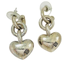 Vintage GIVENCHY silver signed dangle heart logo designer runway pierced earring