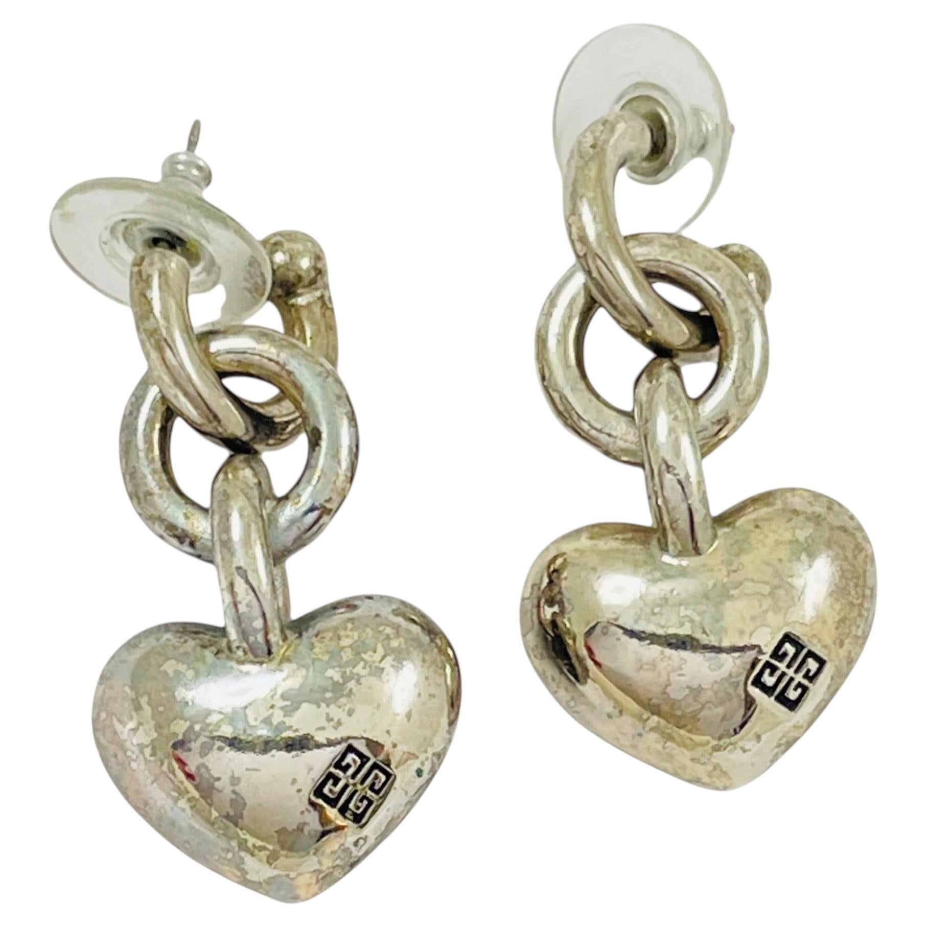 Vintage GIVENCHY silver signed dangle heart logo designer runway pierced earring For Sale