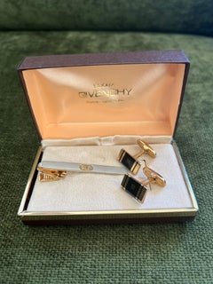 Vintage Givenchy Steel Gold Plate Onyx Logo Cufflinks, Tie Clip  “Circa 1990”
