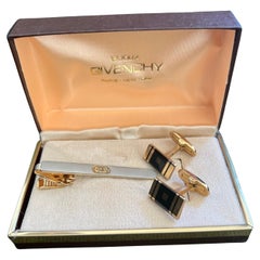 Vintage Givenchy Steel Gold Plate Onyx Logo Cufflinks, Tie Clip  “Circa 1990”