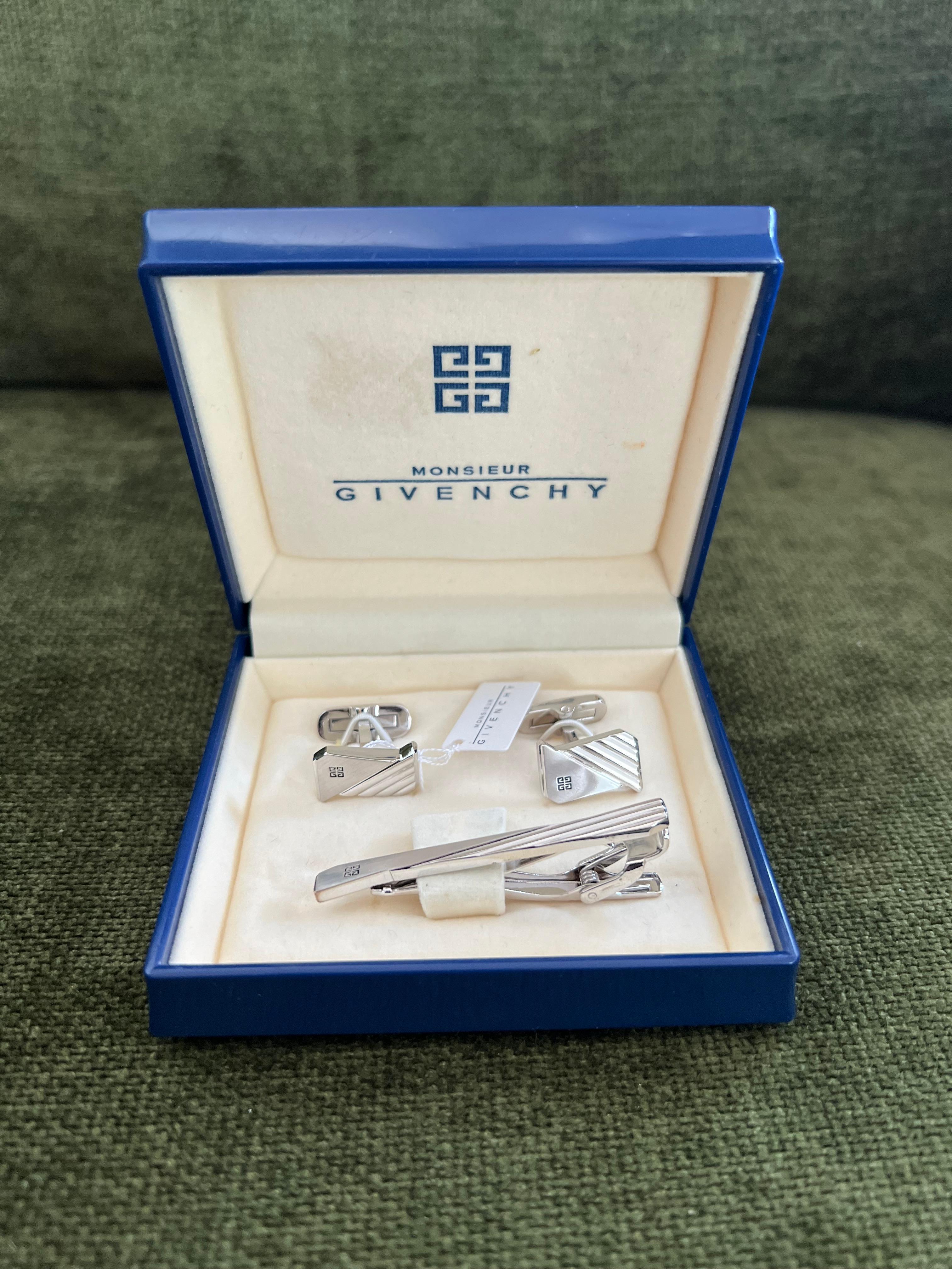 Art Deco Vintage Givenchy Steel Logo Cufflinks, Tie Clip Brand Mark Emblem “Circa 1990”