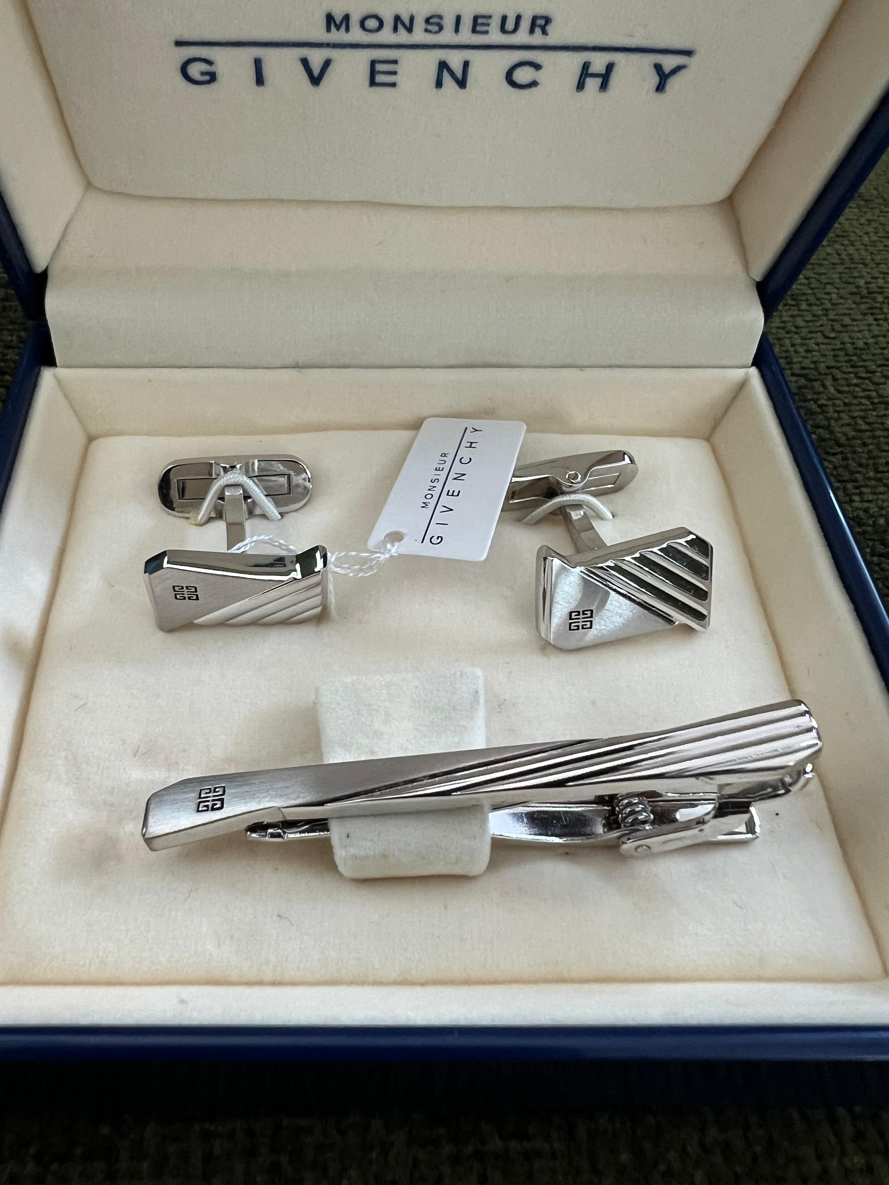 Women's or Men's Vintage Givenchy Steel Logo Cufflinks, Tie Clip Brand Mark Emblem “Circa 1990”