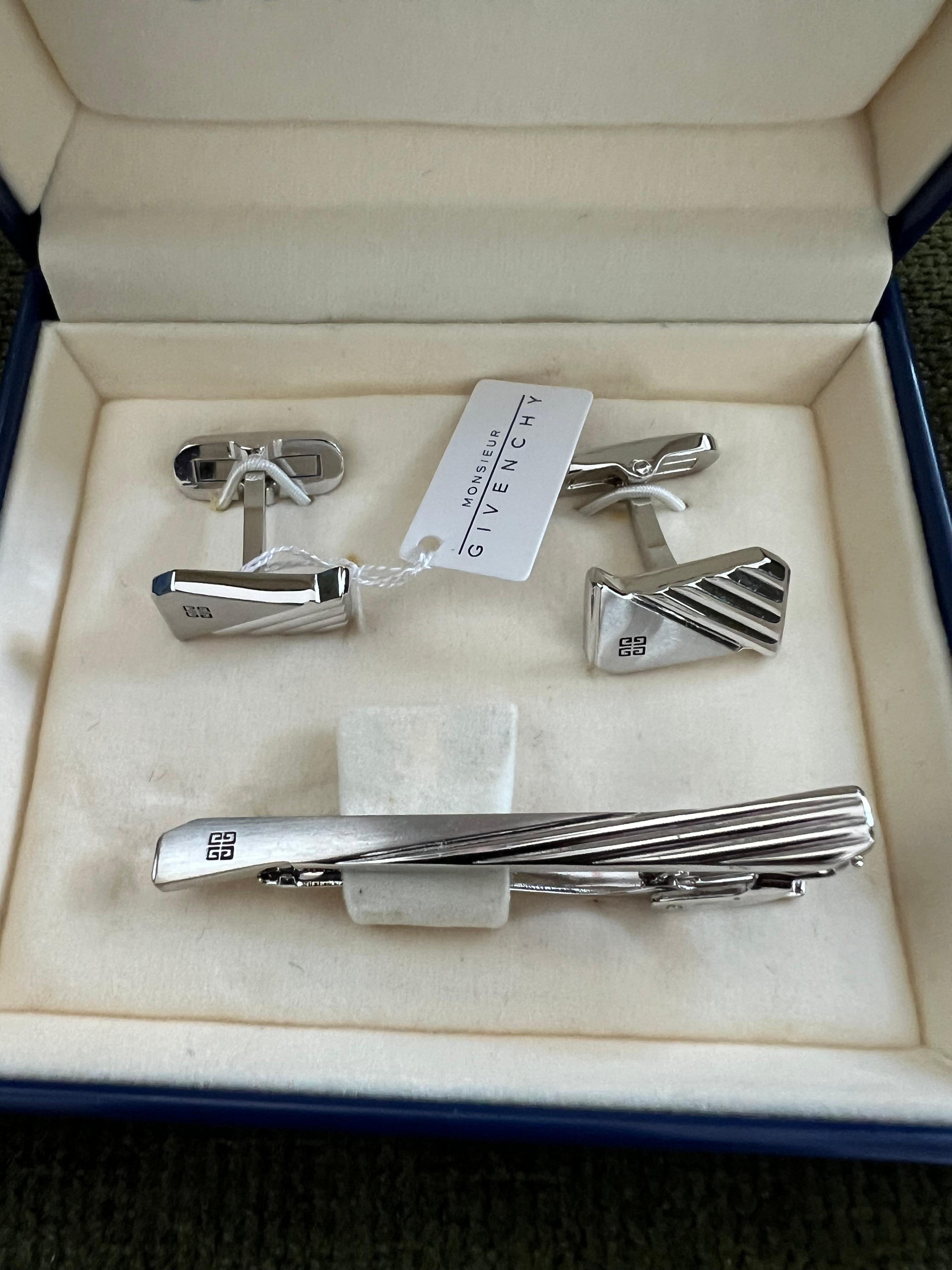 Vintage Givenchy Steel Logo Cufflinks, Tie Clip Brand Mark Emblem “Circa 1990” 1