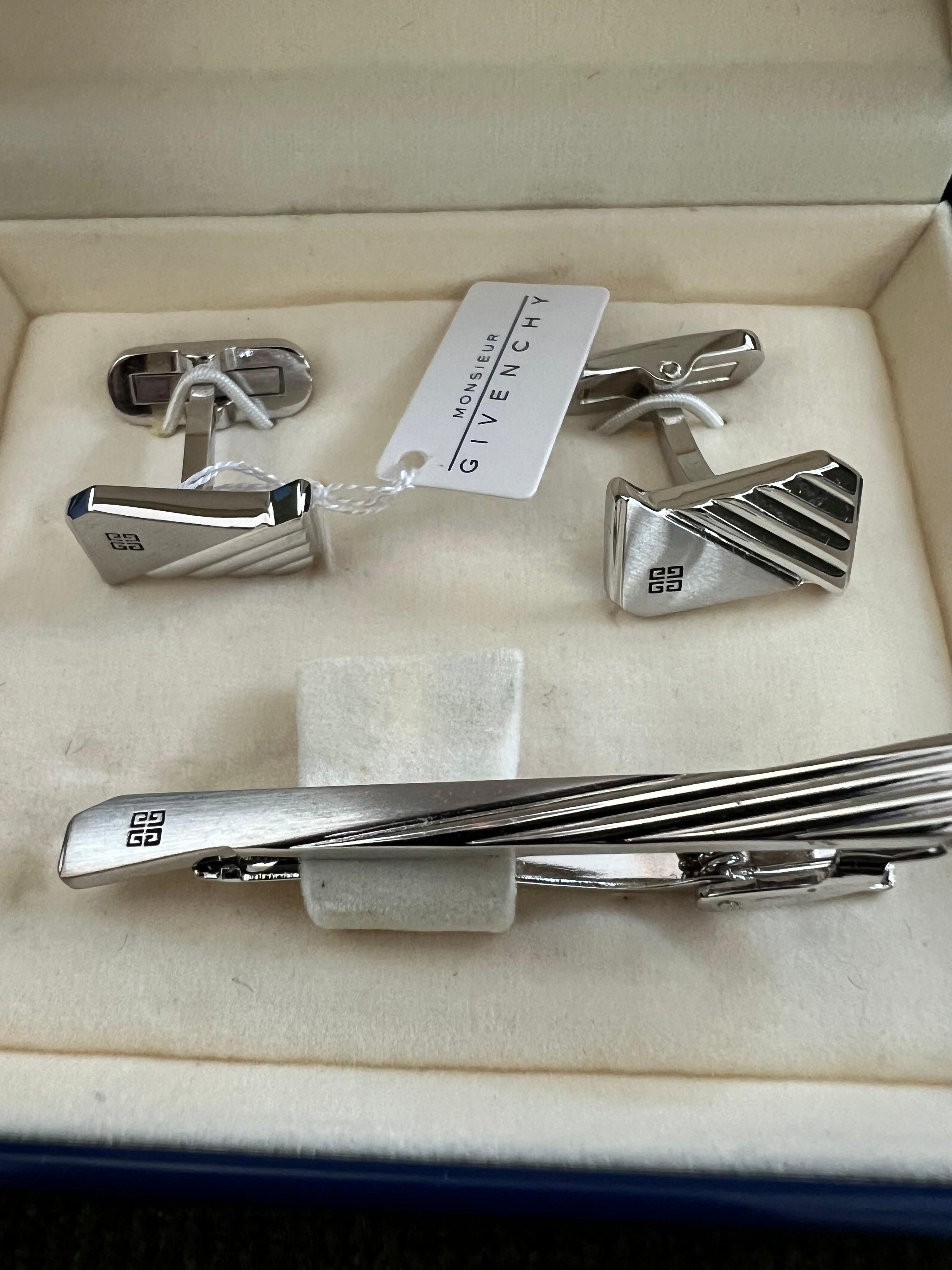 Vintage Givenchy Steel Logo Cufflinks, Tie Clip Brand Mark Emblem “Circa 1990” 2
