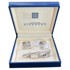 Vintage Givenchy Steel Logo Cufflinks, Tie Clip Brand Mark Emblem “Circa 1990”
