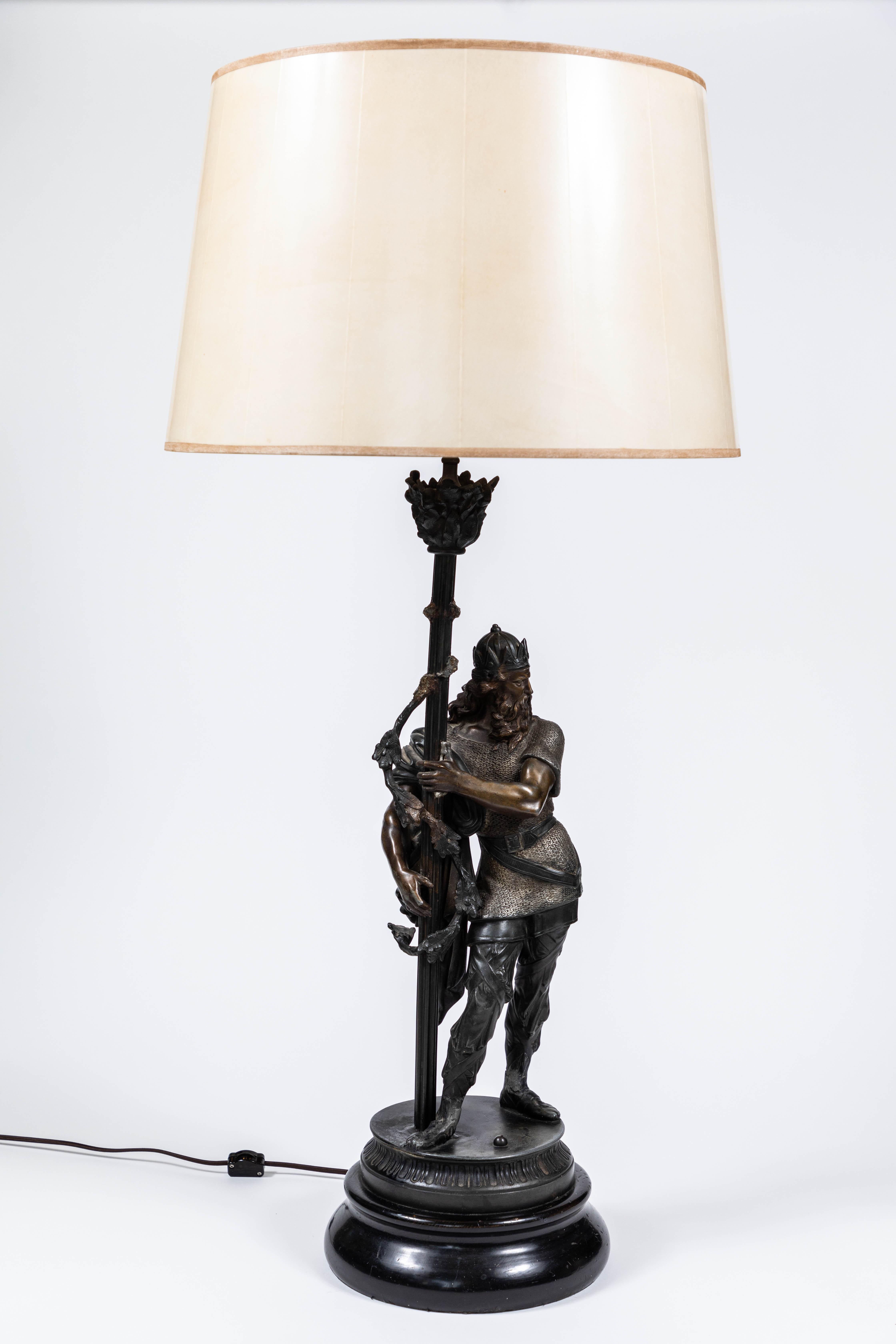 Vintage gladiator lamp and new custom parchment shade, newly rewired.

Measures: Shade: 16