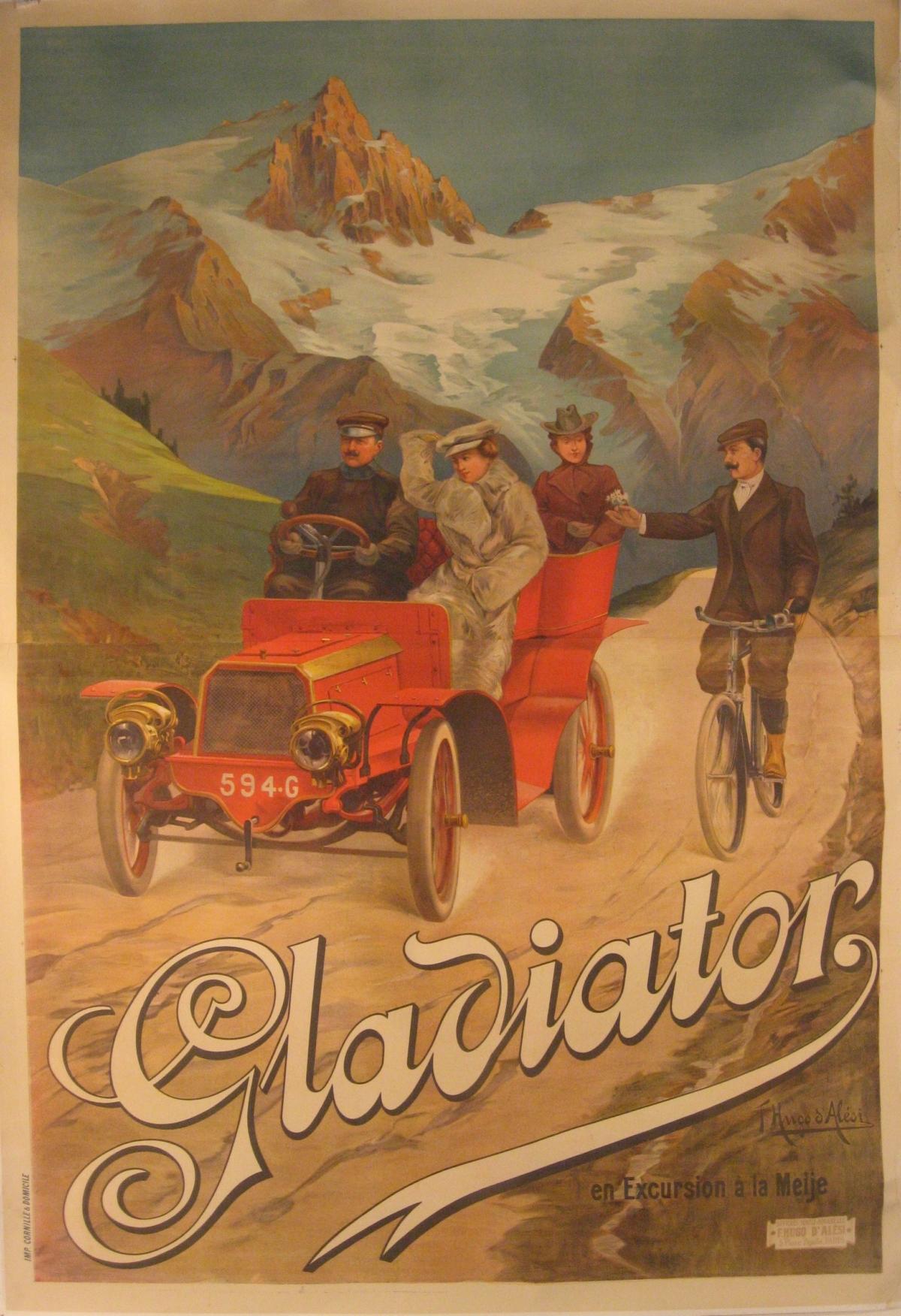 Artist: Hugo D’Alesi  (French, 1849 – 1906)

Date of Origin: 1903

Medium: Original Stone Lithograph Vintage Poster

Size: 64” x 93”

 

Stunning, Double Grande format French poster for Gladiator cycles and automobiles. Renowned travel poster artist