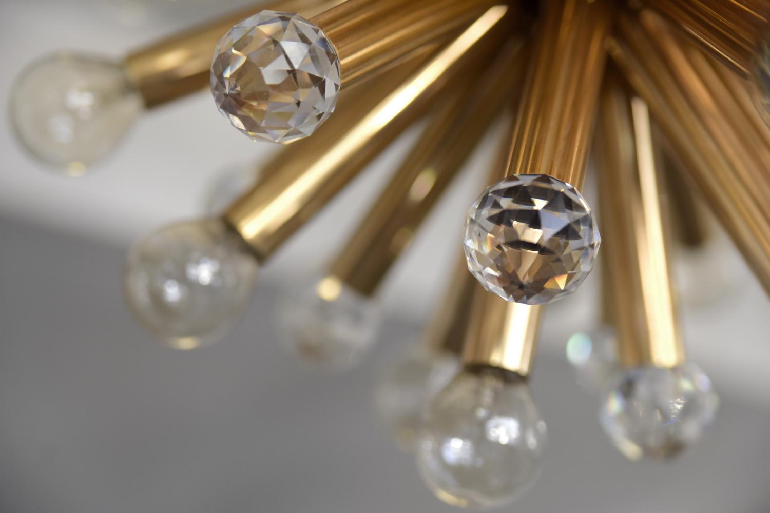 Vintage Glamour Gilt Brass Pendant Gold Lamp Swarovski Crystal by Palme, 1960s For Sale 9