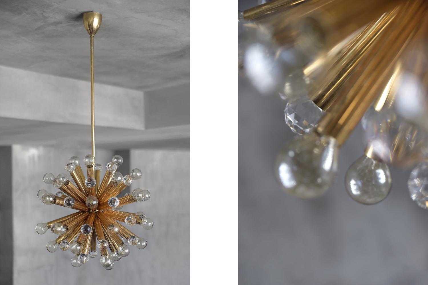 German Vintage Glamour Gilt Brass Pendant Gold Lamp Swarovski Crystal by Palme, 1960s For Sale