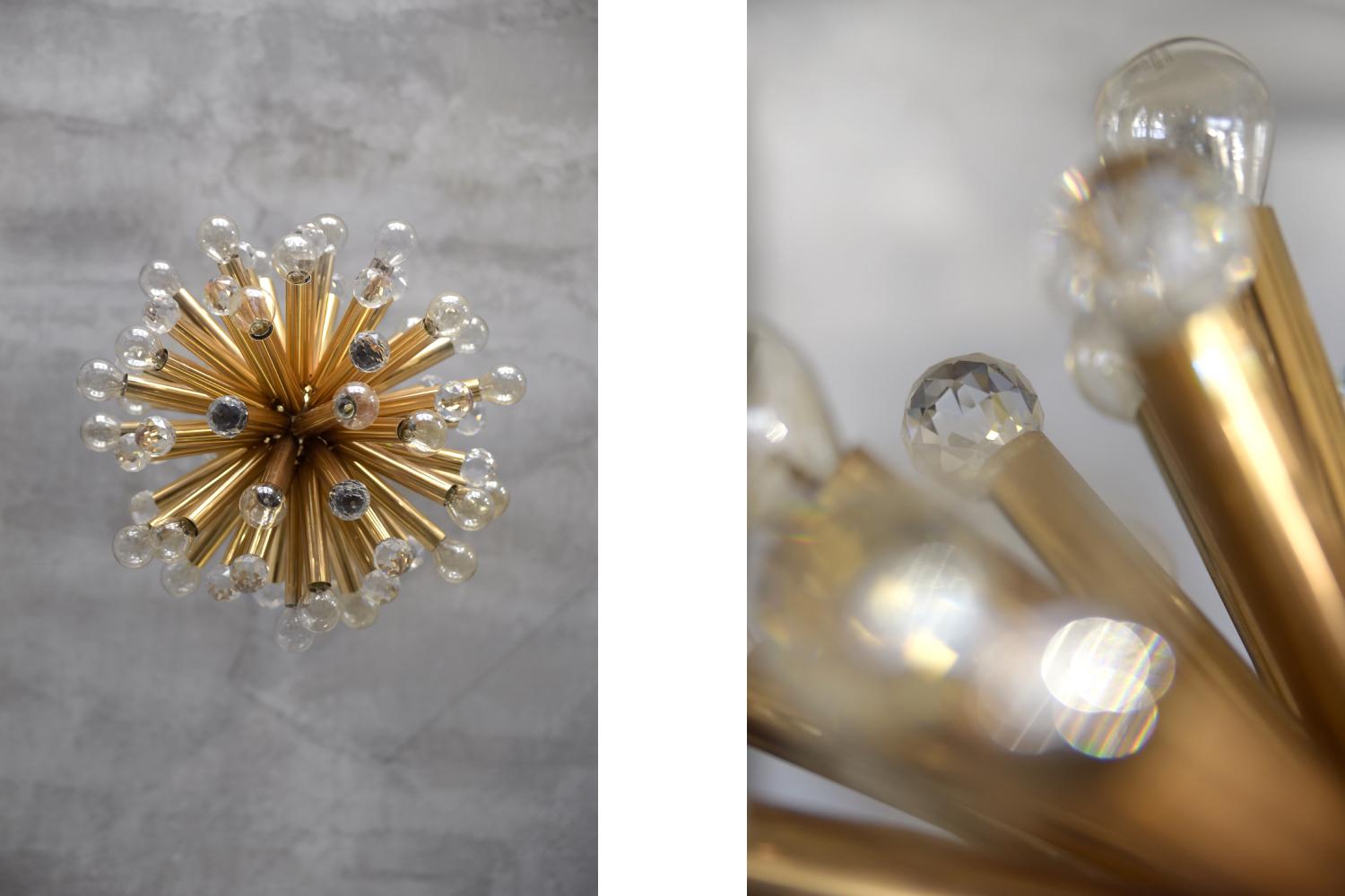 Mid-20th Century Vintage Glamour Gilt Brass Pendant Gold Lamp Swarovski Crystal by Palme, 1960s For Sale