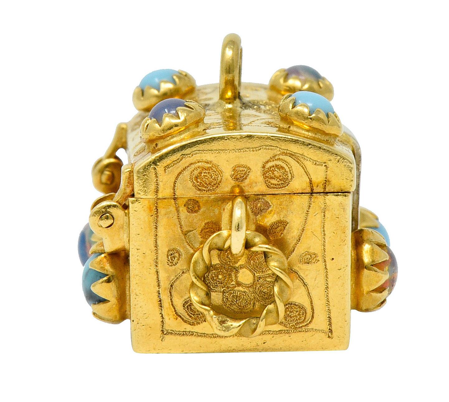 Vintage Glass 18 Karat Two-Tone Gold Treasure Chest Charm In Excellent Condition In Philadelphia, PA