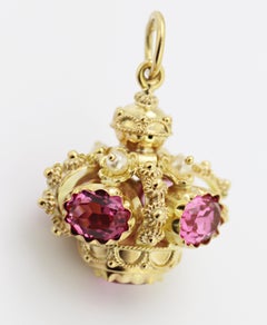 Vintage Glass, 18K Yellow Gold Large “Crown” Fob/Pendant