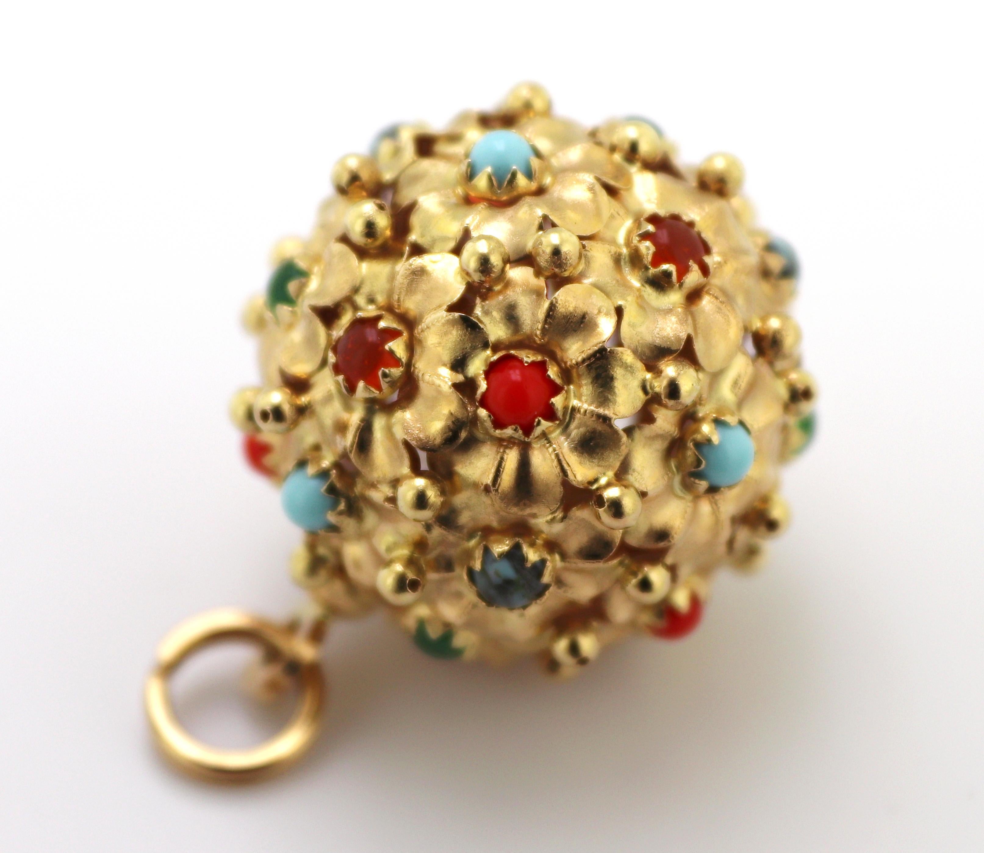Artisan Vintage Glass, 18K Yellow Gold Large “Floral Ball” Fob/Pendant For Sale